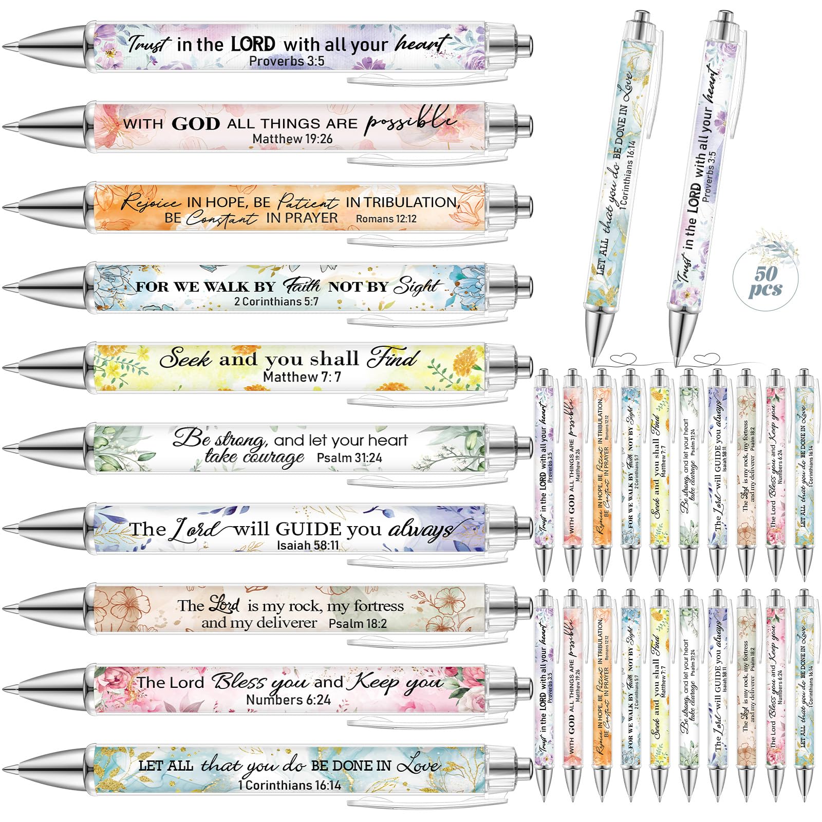 Sayglossy 50 Pcs Christian Pens Bulk Christmas Religious Gifts for Women 1.00mm Floral Ballpoint Pens Bible Verse Inspirational 