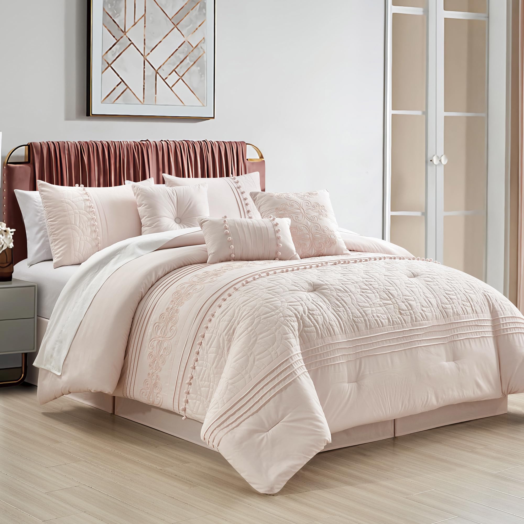 Chezmoi Collection Grace 7-Piece Blush Pink Floral Chenille Embroidered Pom Pom Pleated Stripe Comforter Set, King