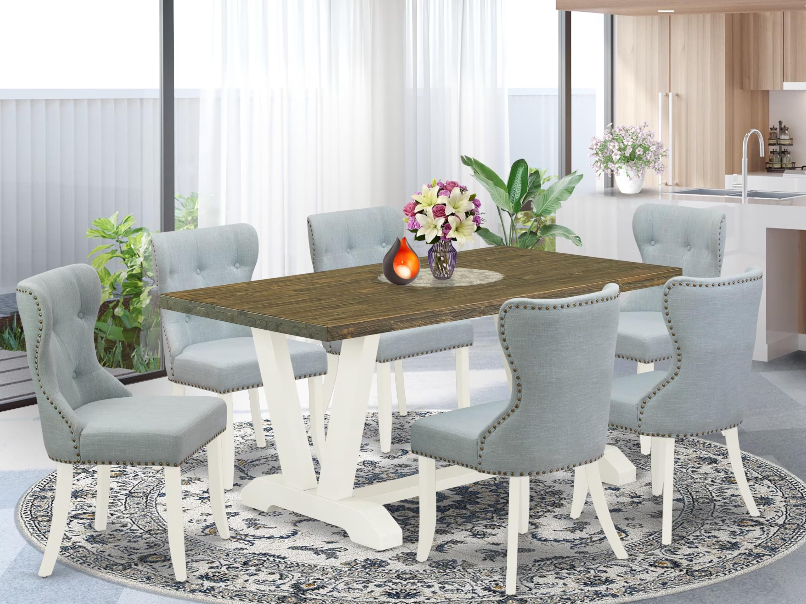 East West Furniture V076Si215-7 7 Piece Dining Set Consist Of A Rectangle Dining Room Table With V-Legs And 6 Baby Blue Linen Fabric Upholstered Chairs, 36X60 Inch, Multi-Color