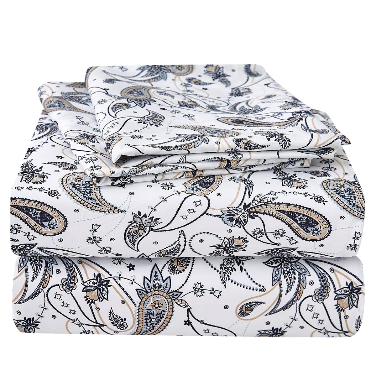 Jsd Grey Paisley Printed Sheet Set Cal King, 4 Piece Soft Retro Pattern Microfiber Sheets Extra Deep Pocket