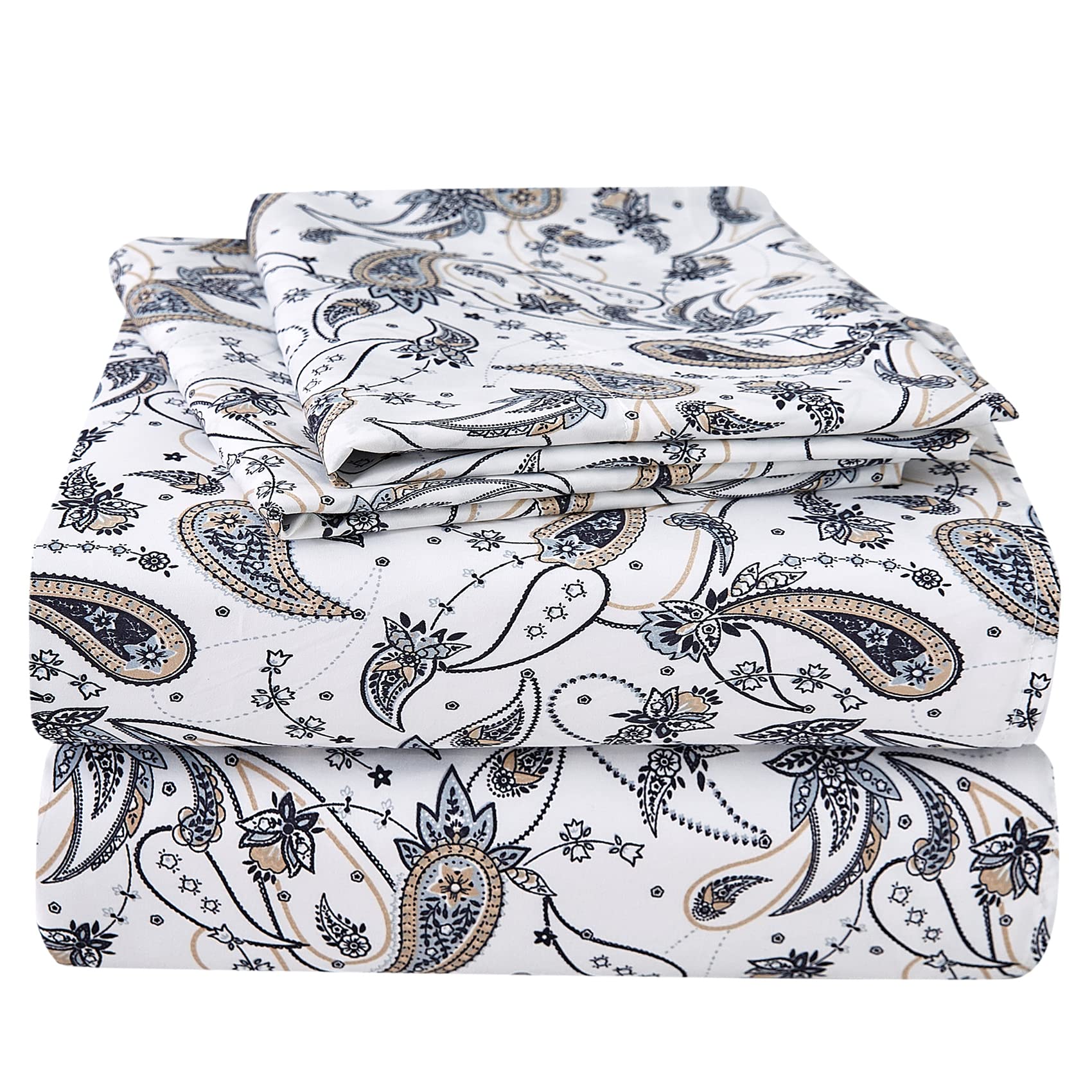 Jsd Grey Paisley Printed Sheet Set Cal King, 4 Piece Soft Retro Pattern Microfiber Sheets Extra Deep Pocket