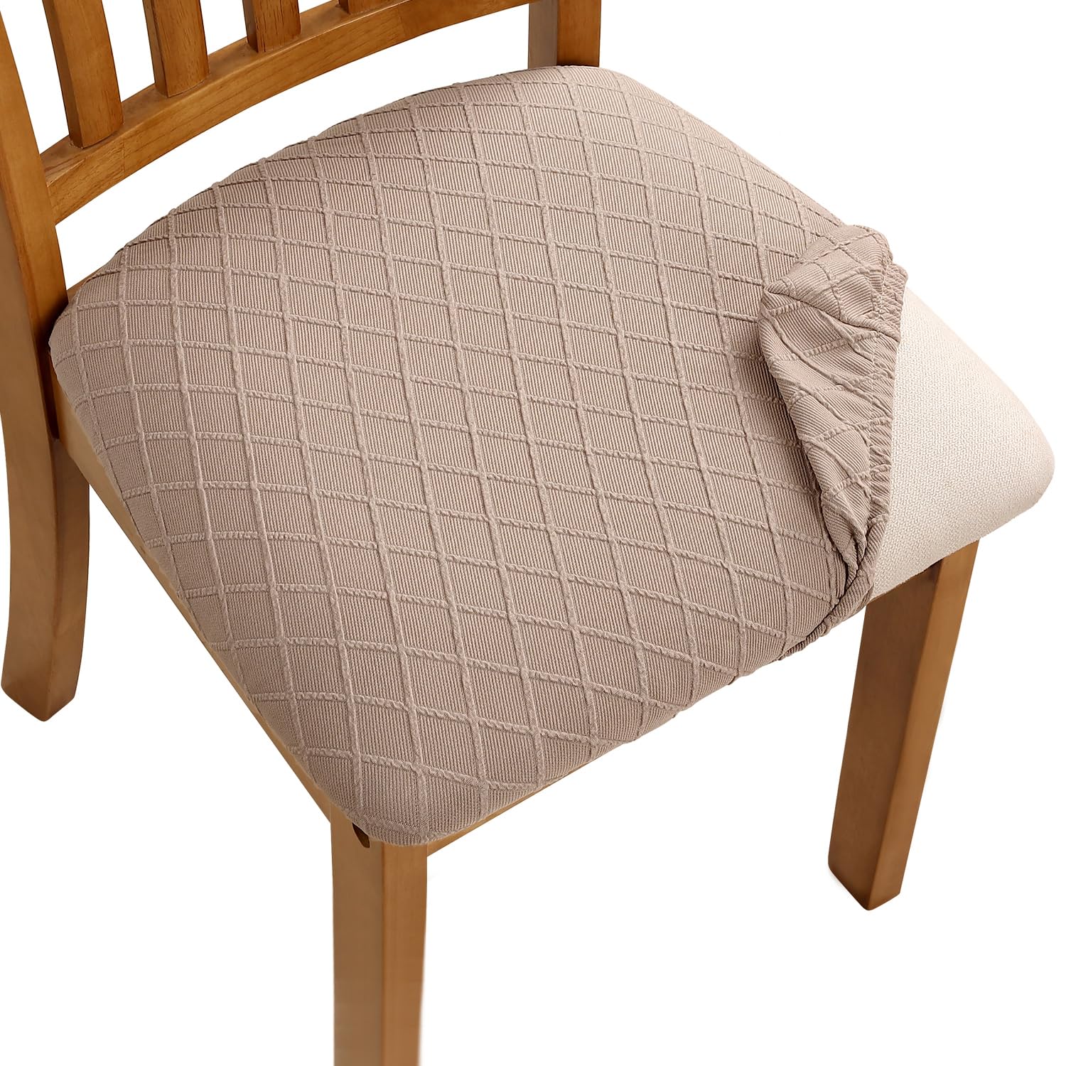 Fuloon Stretch Jacquard Chair Seat Covers Set Of 6, Removable Washable Dining Chair Covers Anti-Dust Dining Room Chair Covers Seat Cushion Slipcovers (6, Khaki)