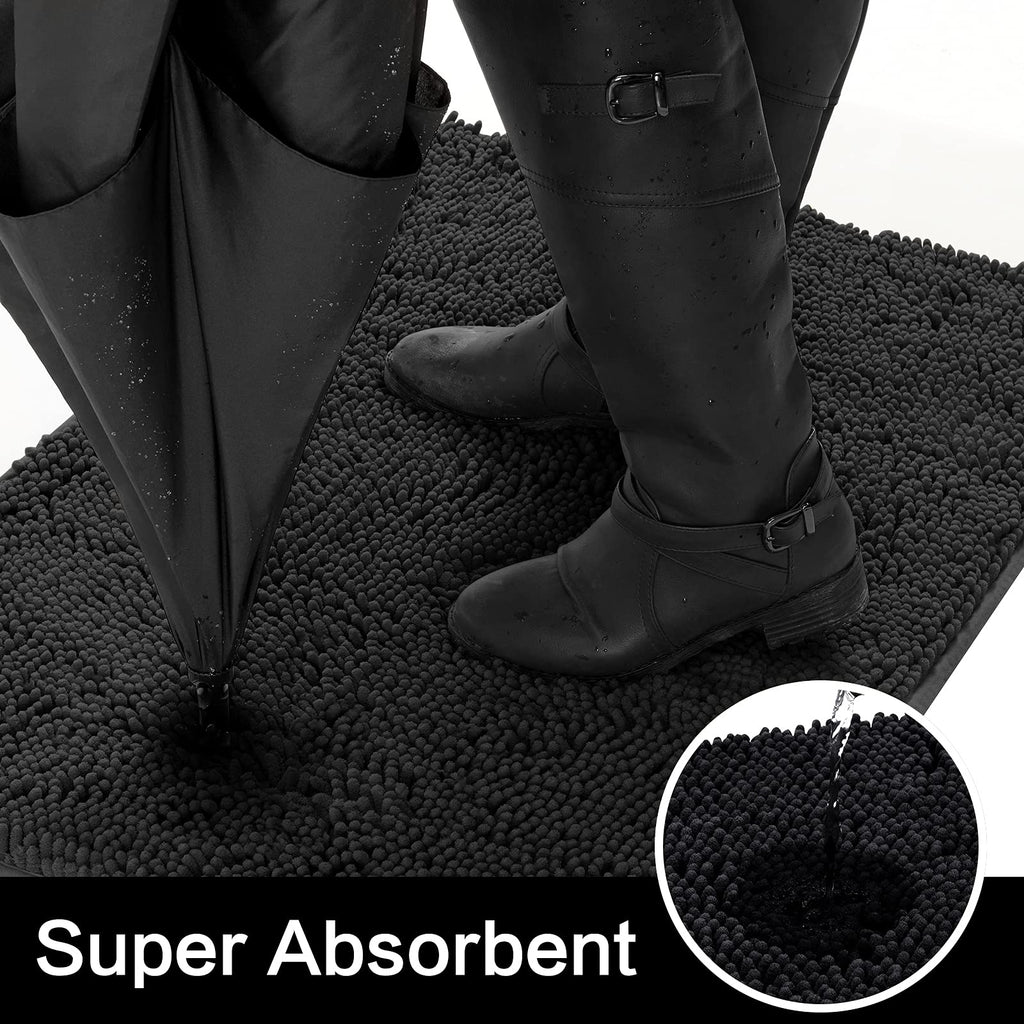 Homeideas Absorbent Chenille Door Mat Indoor, 24“X36”, Dirt Trapper Machine Washable Non Slip Throw Rugs For Entryway, Entrance, Mud Room, Thick Welcome Doormat, Black