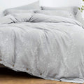 Oreise Duvet Cover Set Full/Queen Size Washed Cotton Yarn, Jacquard Gray And White Thin Branch Pattern Floral Style 3Piece Beddi