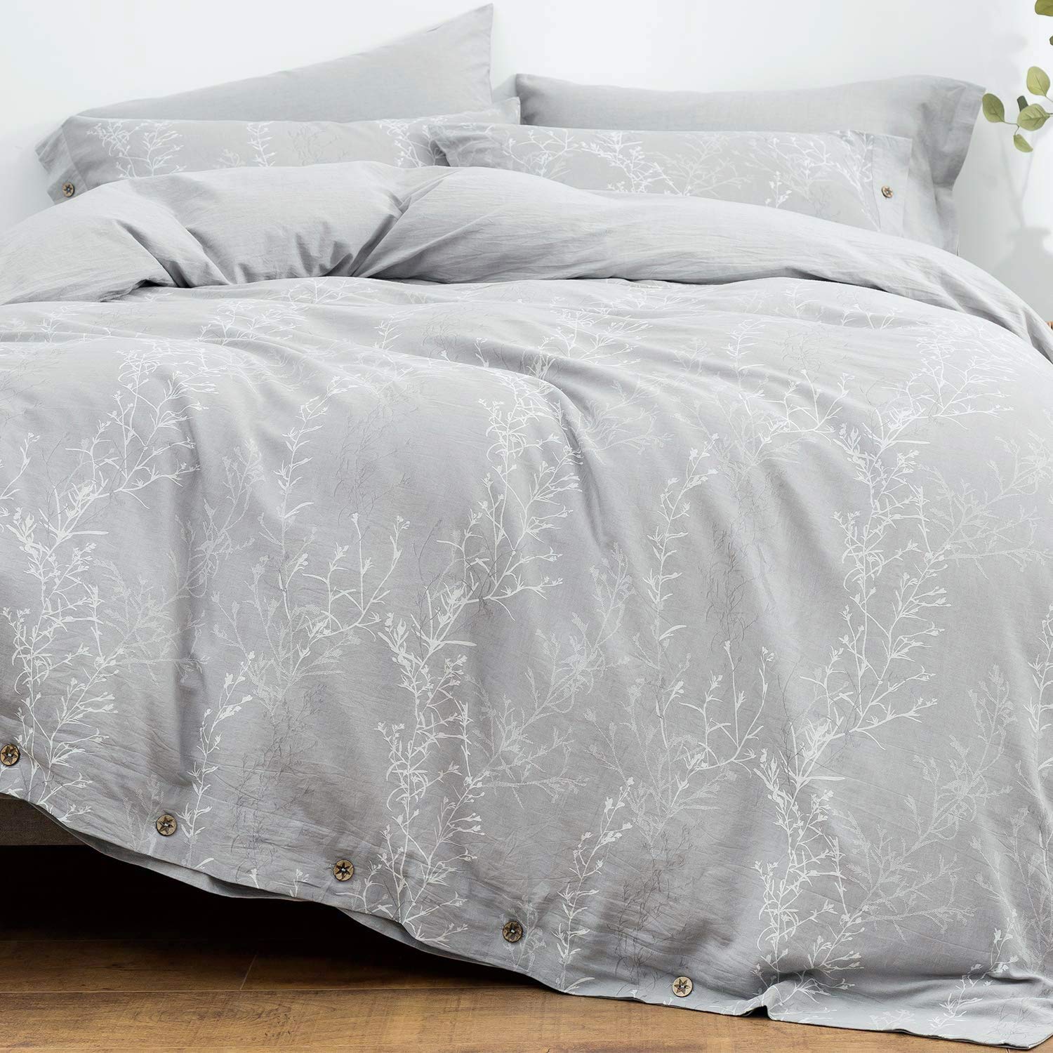 Oreise Duvet Cover Set Full/Queen Size Washed Cotton Yarn, Jacquard Gray And White Thin Branch Pattern Floral Style 3Piece Beddi