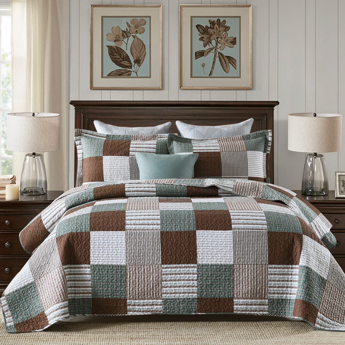 Finlonte Quilt King Size - 100% Cotton King Size Comforter Set Brown Green White Plaid Farmhouse Quilt Bedding Set, Reversible L