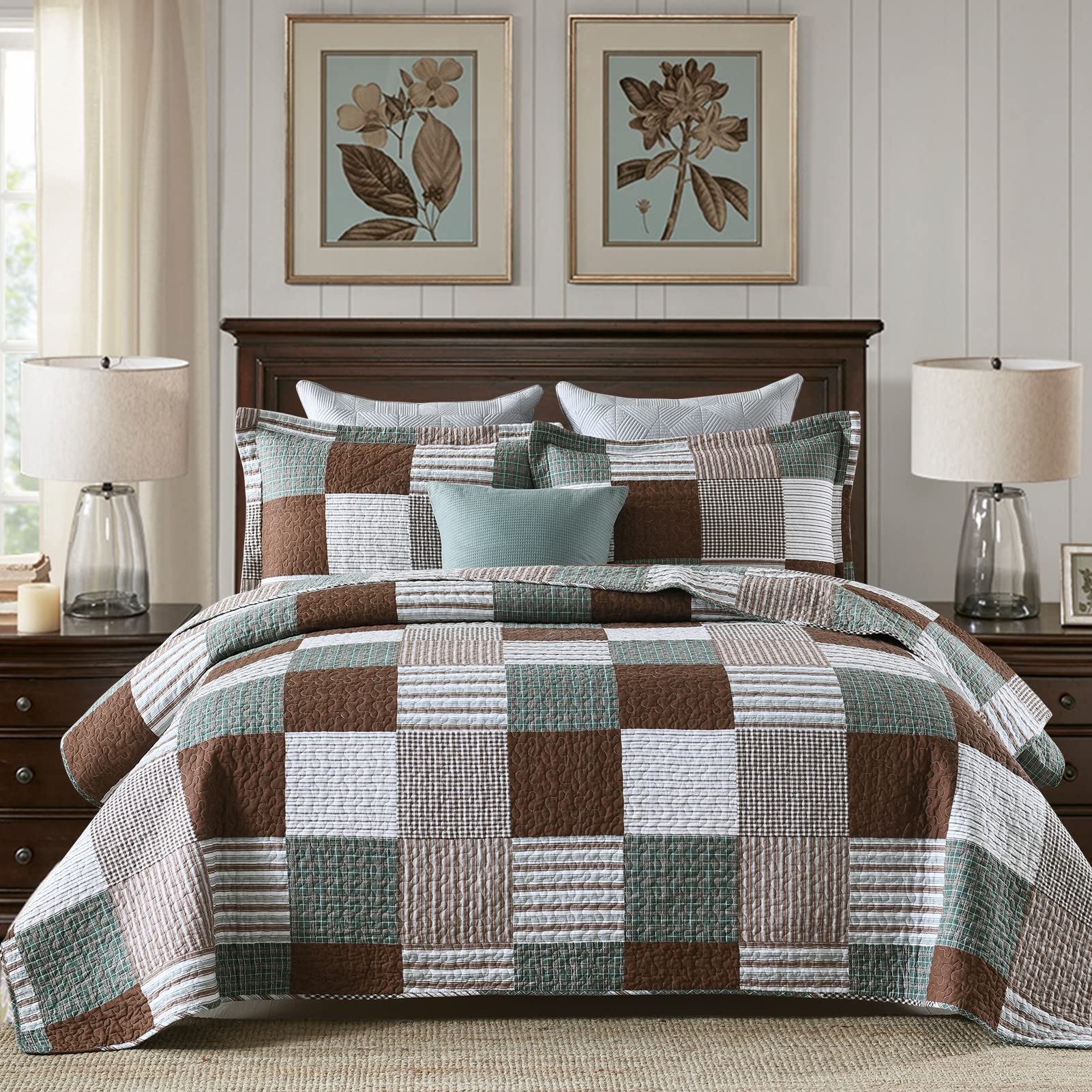 Finlonte Quilt King Size - 100% Cotton King Size Comforter Set Brown Green White Plaid Farmhouse Quilt Bedding Set, Reversible L