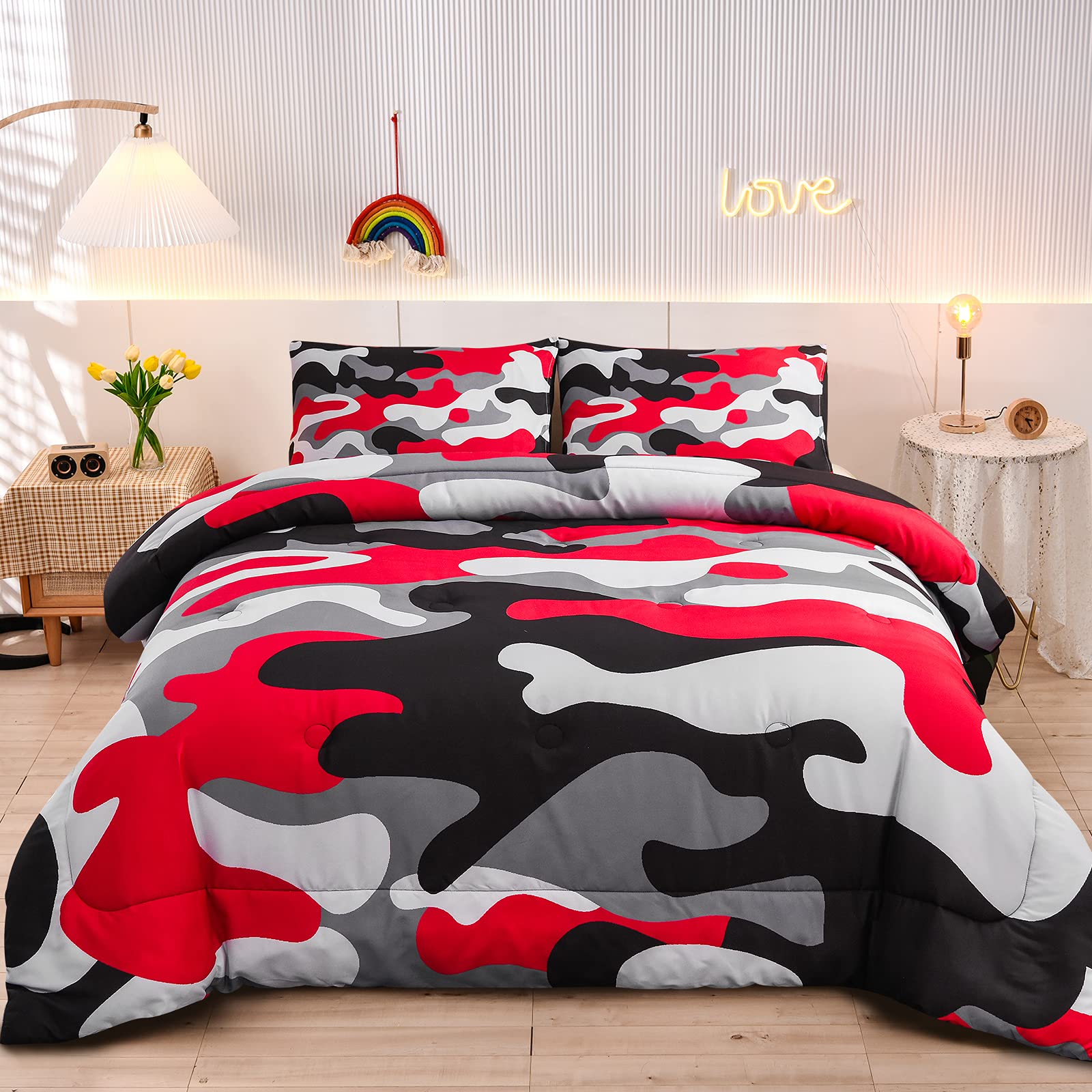 Meeting Story Camouflage Bedding Set, Colorful Pattern Style Queen Comforter Set, 3 PCS One Comforter and Two Pillowcases in One