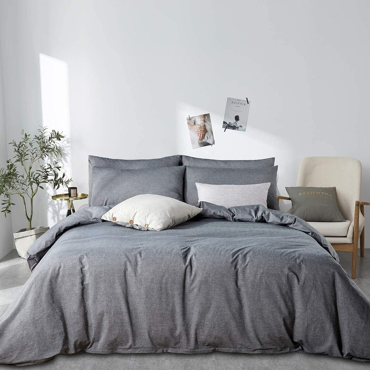 Jellymoni Black 100% Washed Cotton Duvet Cover Set, 3 Pieces Luxury Soft Bedding Set With Zipper Closure. Solid Color Pattern Du
