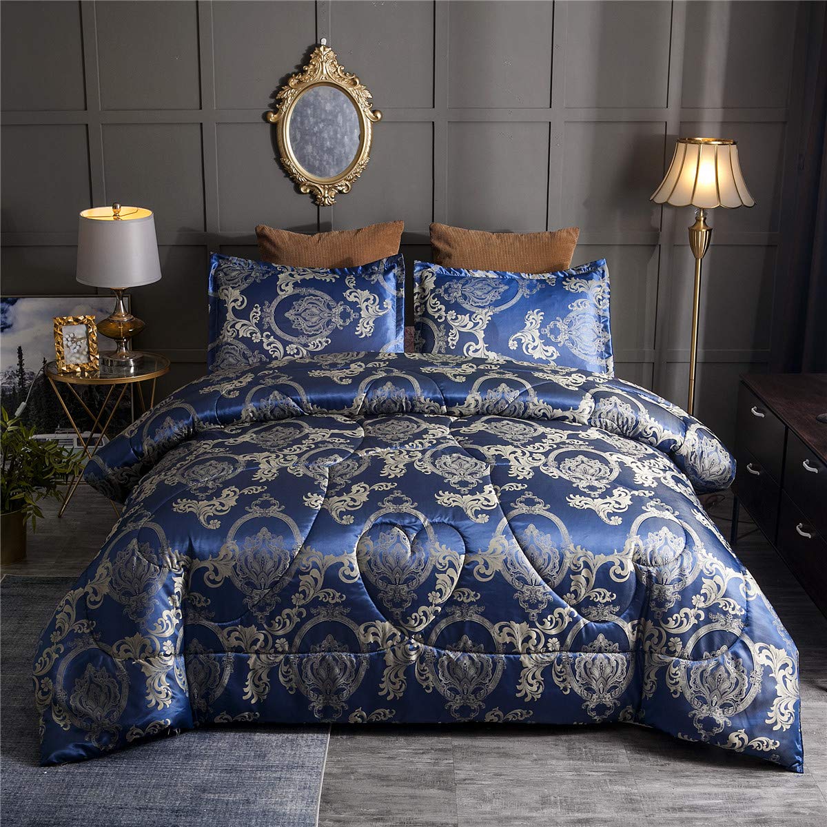 Raytrue-X Comforter Set Satin Silk Blanket All Season Bed Luxury Royal Blue Jacquard Quilt Bedding Sets Matching 2 Pillow Shams