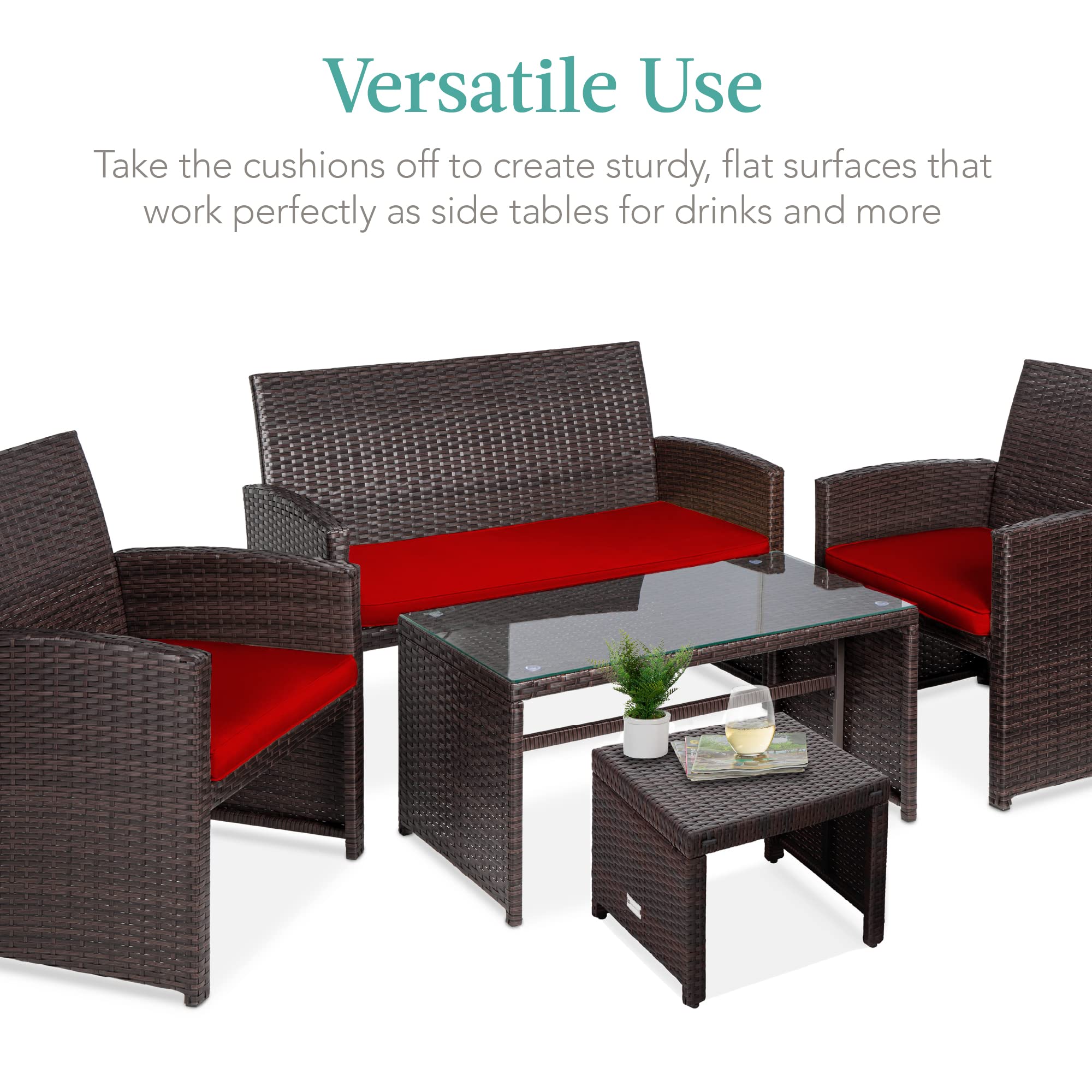 Best Choice Products Set Of 2 Wicker Ottomans, Multipurpose Outdoor Furniture For Patio, Backyard, Additional Seating, Footrest, Side Table W/Removable Cushions, Steel Frame - Brown/Red