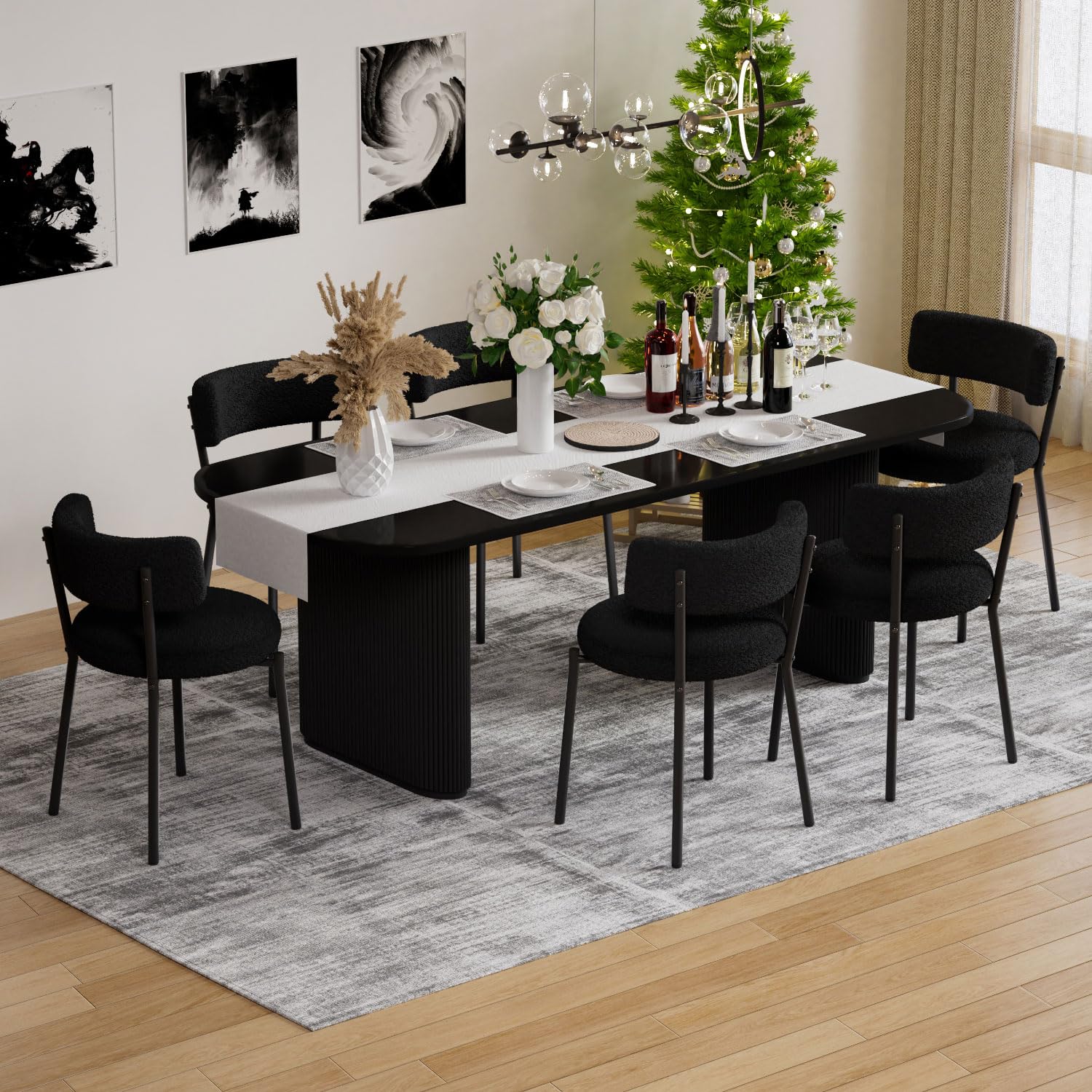 Haizao Modern Dining Chairs Set Of 6, Round Upholstered Boucle Sherpa Dining Room Chairs, Mid-Century Curved Backrest Kitchen Di