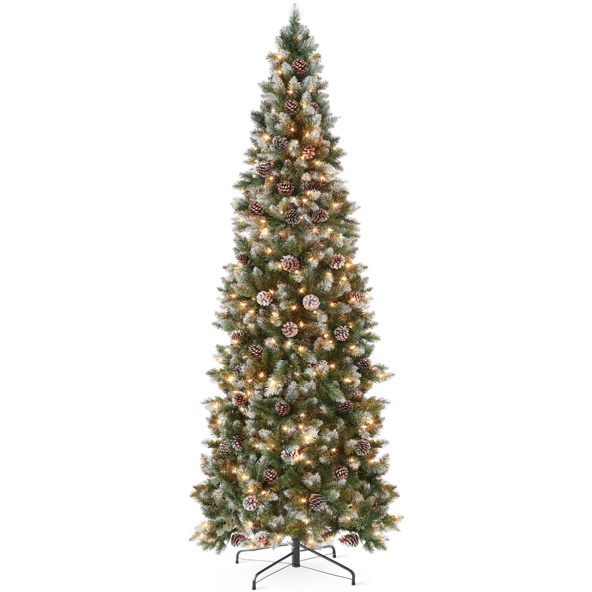 Best Choice Products 9ft Pre-lit Pencil Christmas Tree, Partially Flocked & Frosted Slim Holiday Tree Decoration, Skinny Xmas Tr