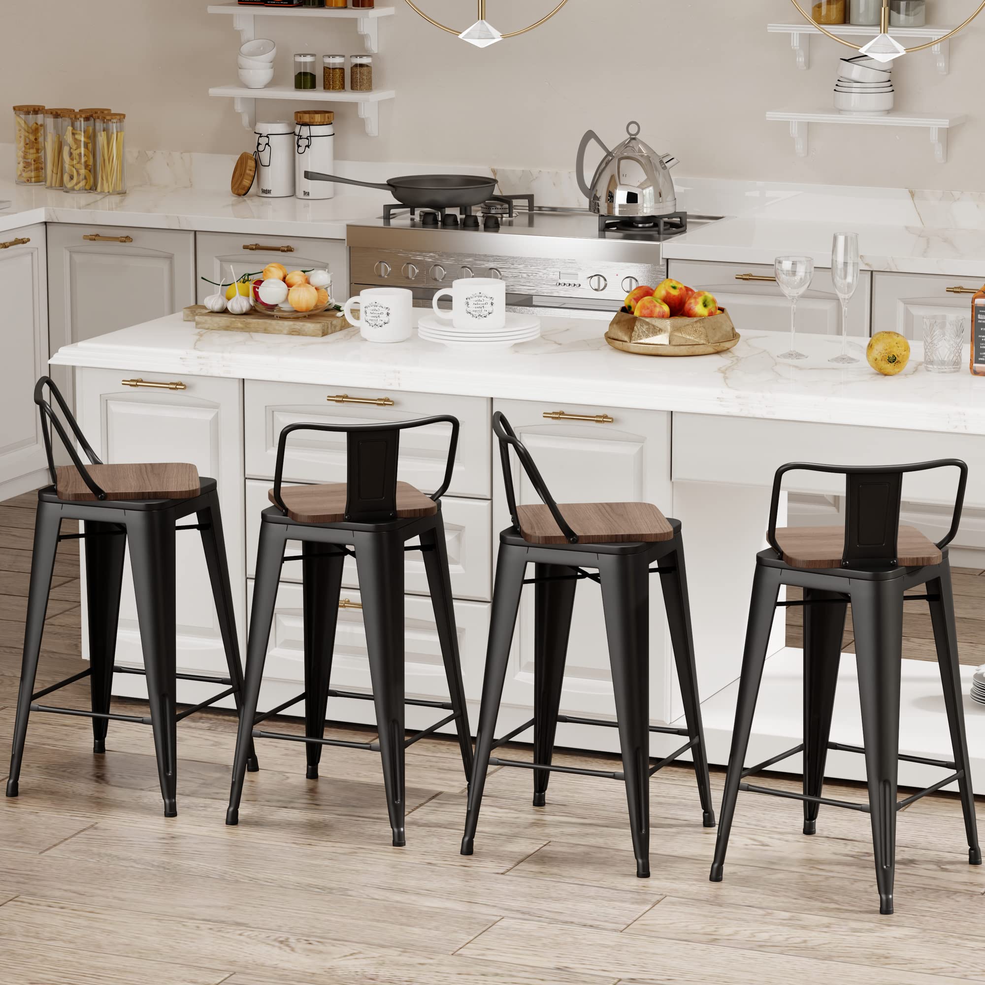 Changjie Furniture 24 Inch Swivel Bar Stools Set Of 4 Counter Height Swivel Bar Stools With Backs Industrial Barstools For Kitchen (Swivel 24 Inch,Matte Black Wooden)