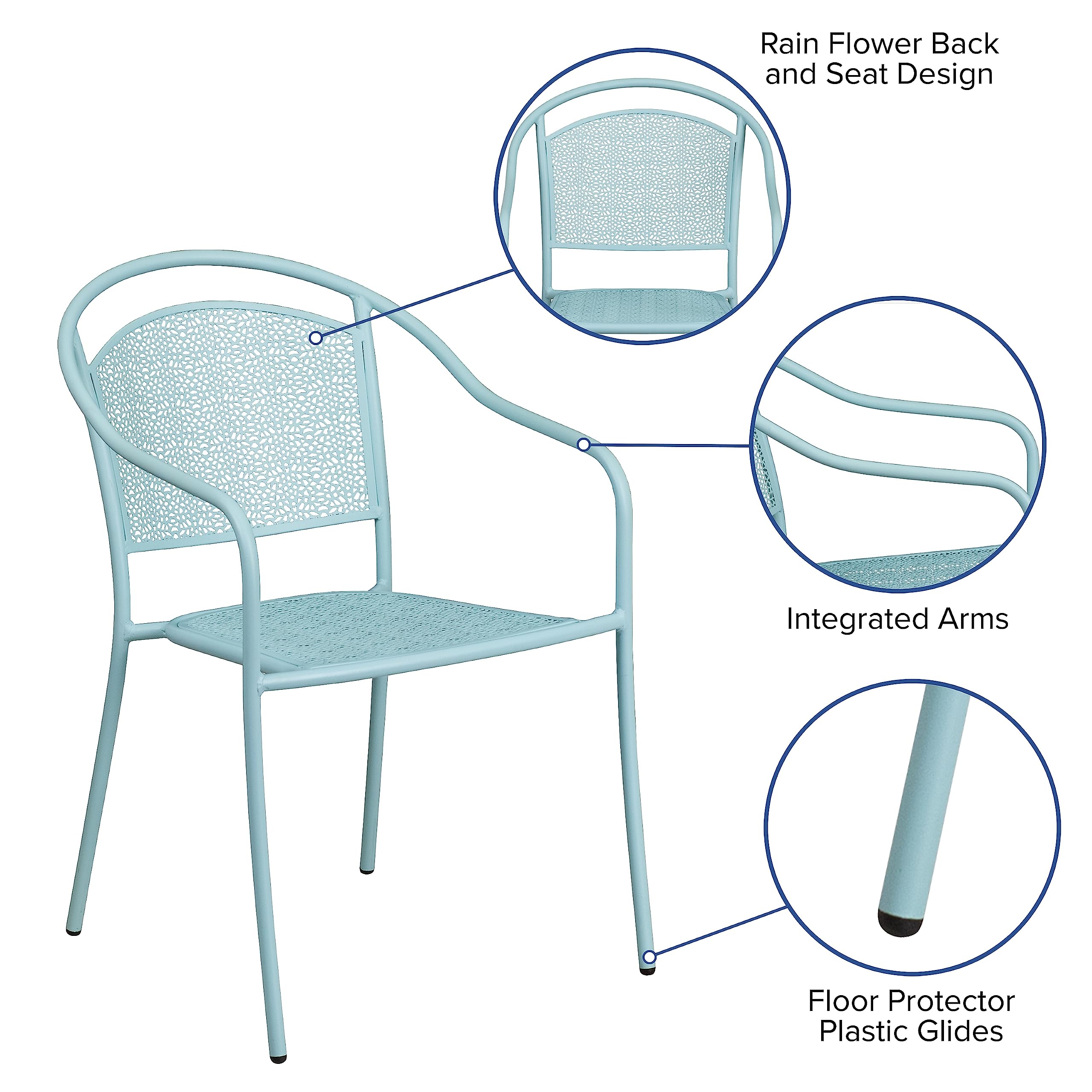 Flash Furniture Commercial Grade Sky Blue Indoor-Outdoor Steel Patio Arm Chair with Round Back