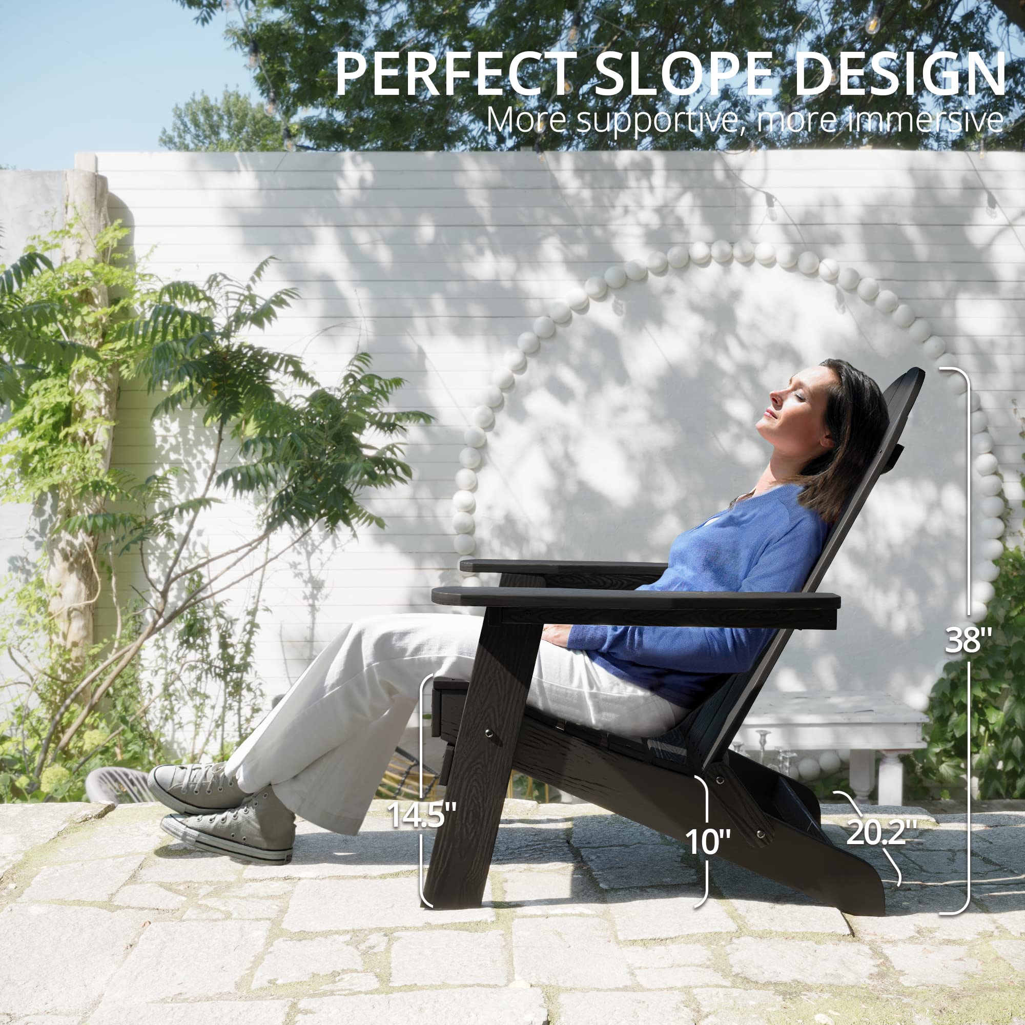 Lue Bona Folding Adirondack Chair Set Of 4, Black Hdps Fire Pit Patio Chairs Weather Resistant, Modern Plastic Outdoor Chairs With Cup Holder