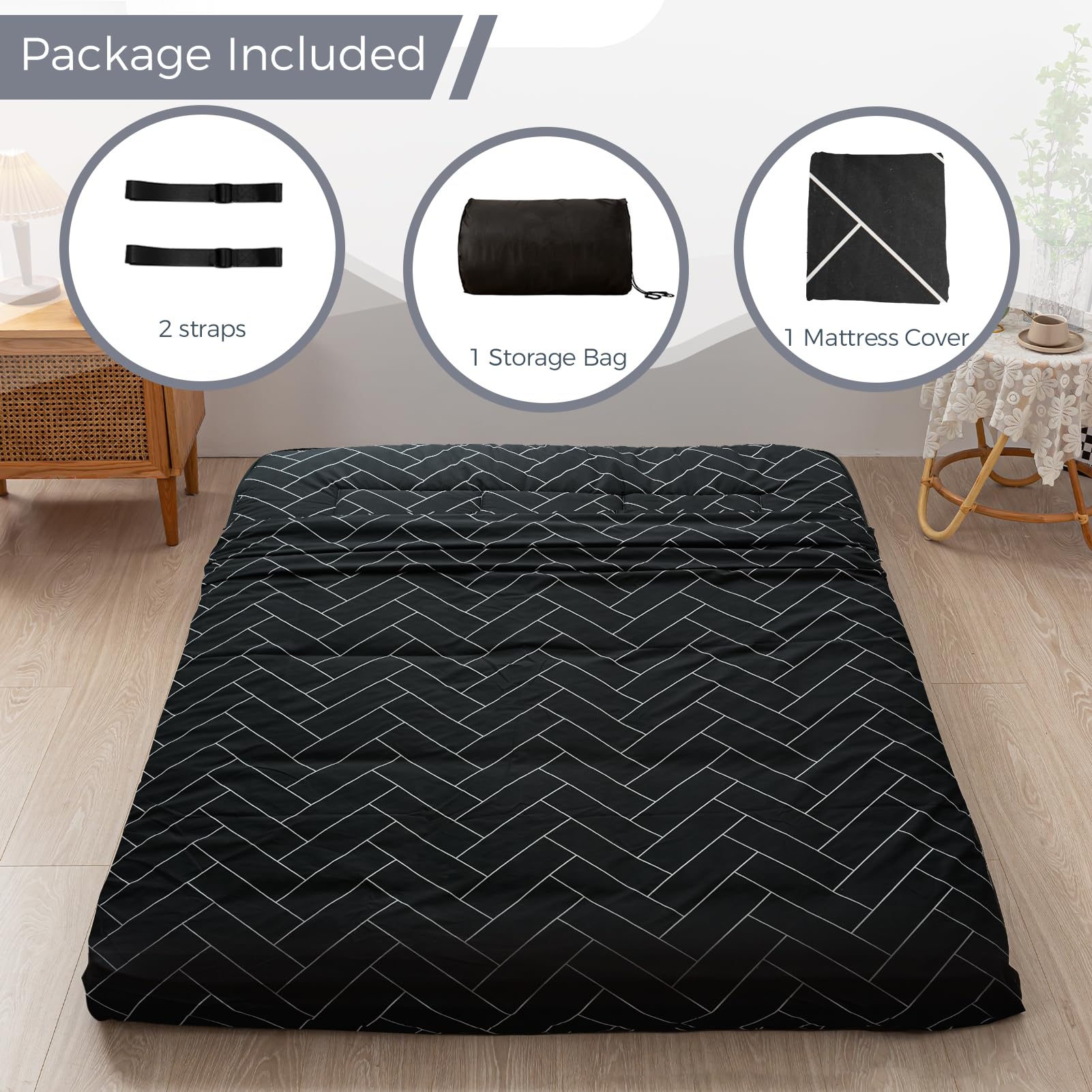 Maxyoyo Black Geometric Pattern Futon Mattress, Japanese Floor Mattress Quilted Bed Mattress Topper, Extra Thick Folding Sleeping Pad Breathable Floor Lounger Guest Bed For Camping Couch, Full