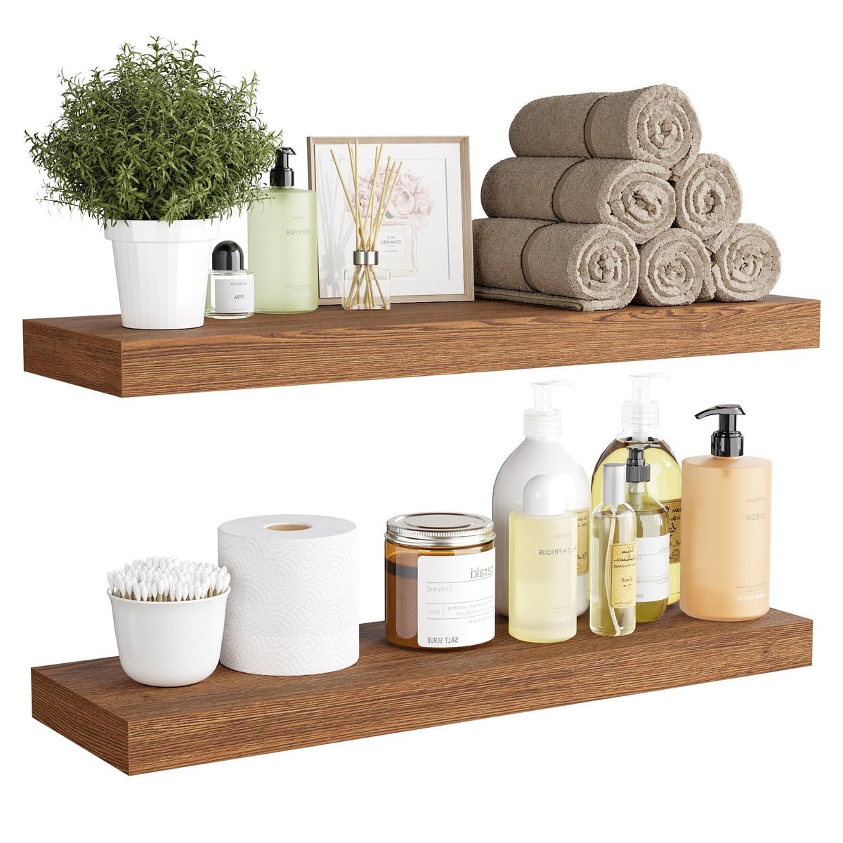 Bameos 24X6 Wall Shelf, 2-Shelf Modern Oak Floating Shelf Set For Bedroom, Bathroom, Kitchen Storage