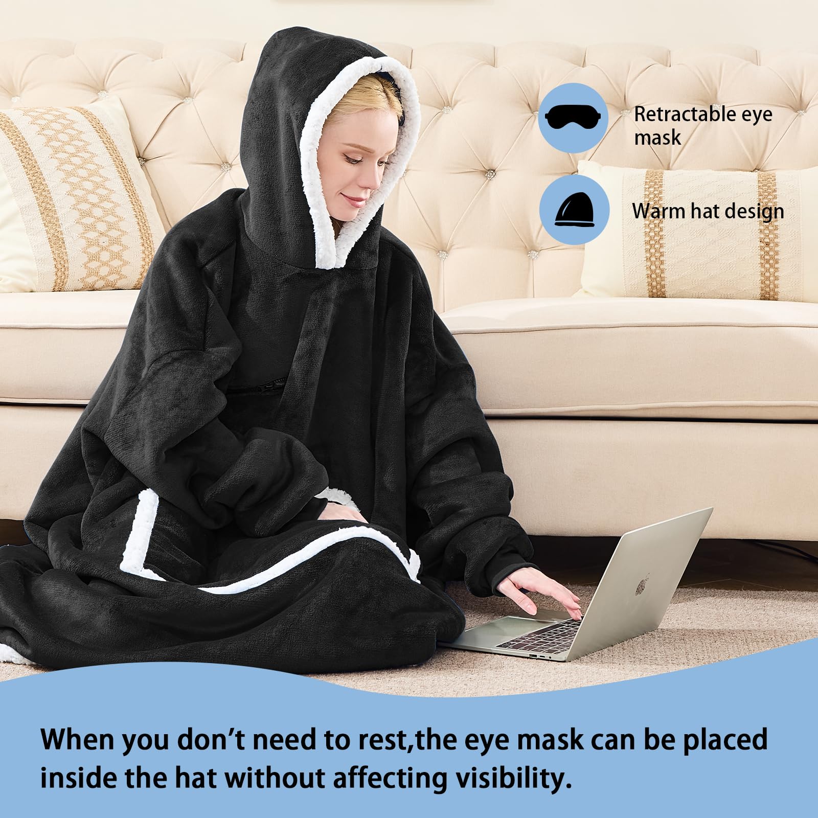 Ifnow Wearable Blanket Hoodie Oversized Sherpa Fleece Hooded Sweatshirt Blanket With Eye Mask Cozy And Giant Blanket Hoodie With