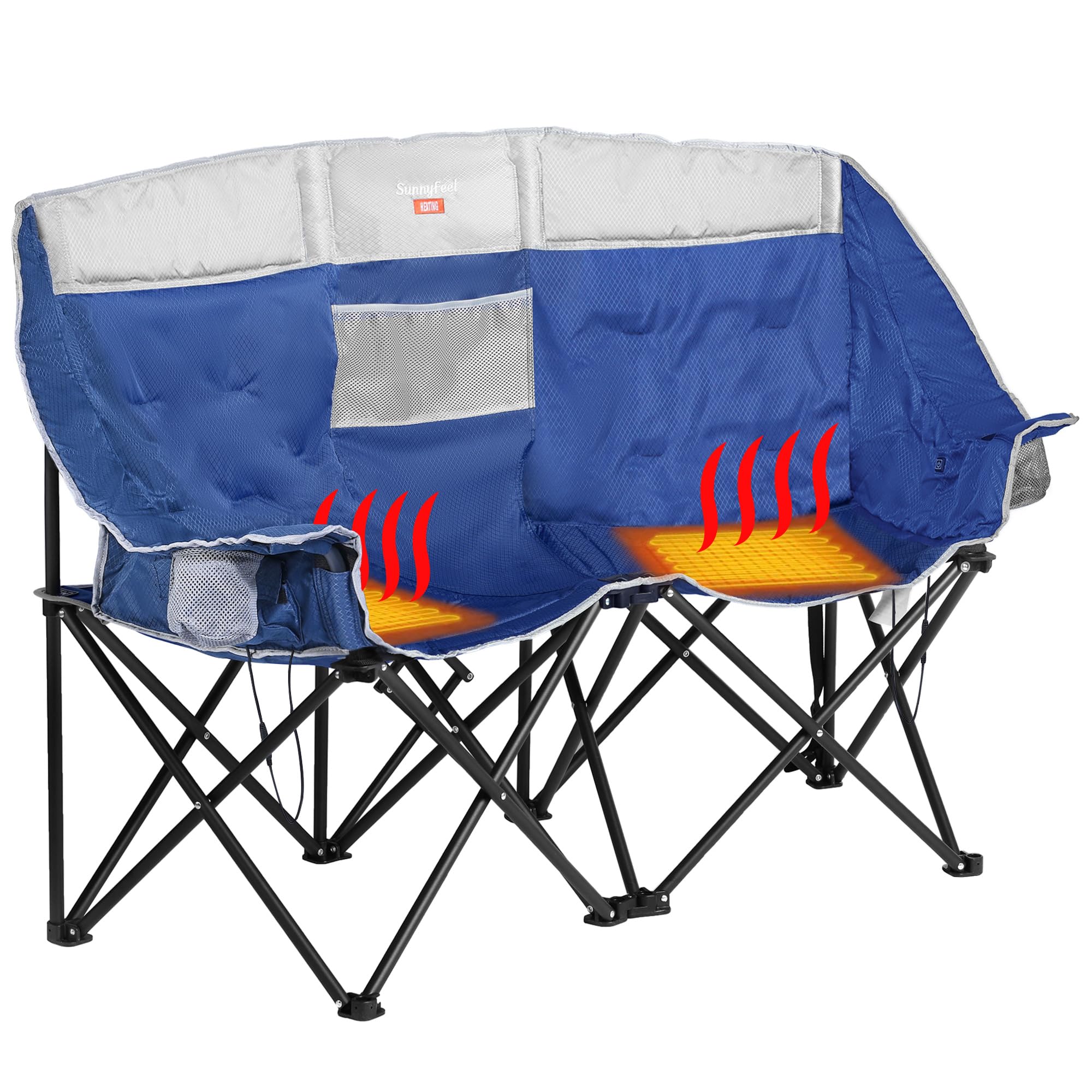 SUNNYFEEL Heated Double Camping Chair, Oversized Folding Loveseat Chair, Heavy Duty Portable/Foldable Lawn Chair for Beach/Outdo