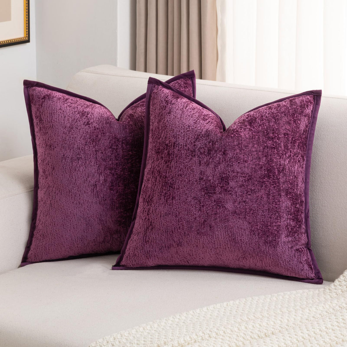 Futei Purple Chenille Throw Pillow Covers 26X26 Inch Set Of 2,Soft Velvet Euro Pillow Shams,Home Decor For Couch Bed Living Room
