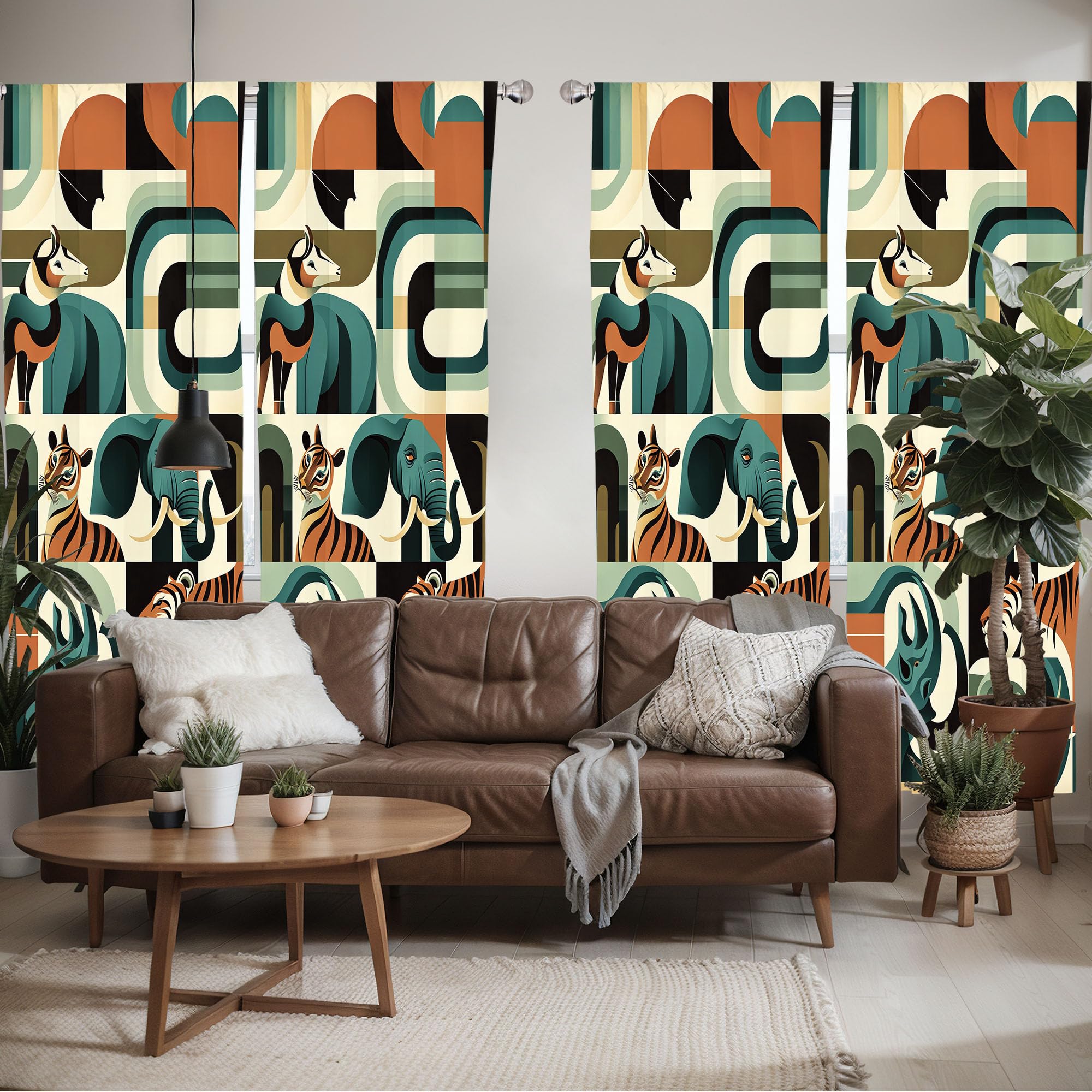 Ambesonne Animals Window Curtains Pack Of 2, Urban Jungle Themed Modern Boho Detail Roundy Fox Elephant Tiger Print, Lightweight