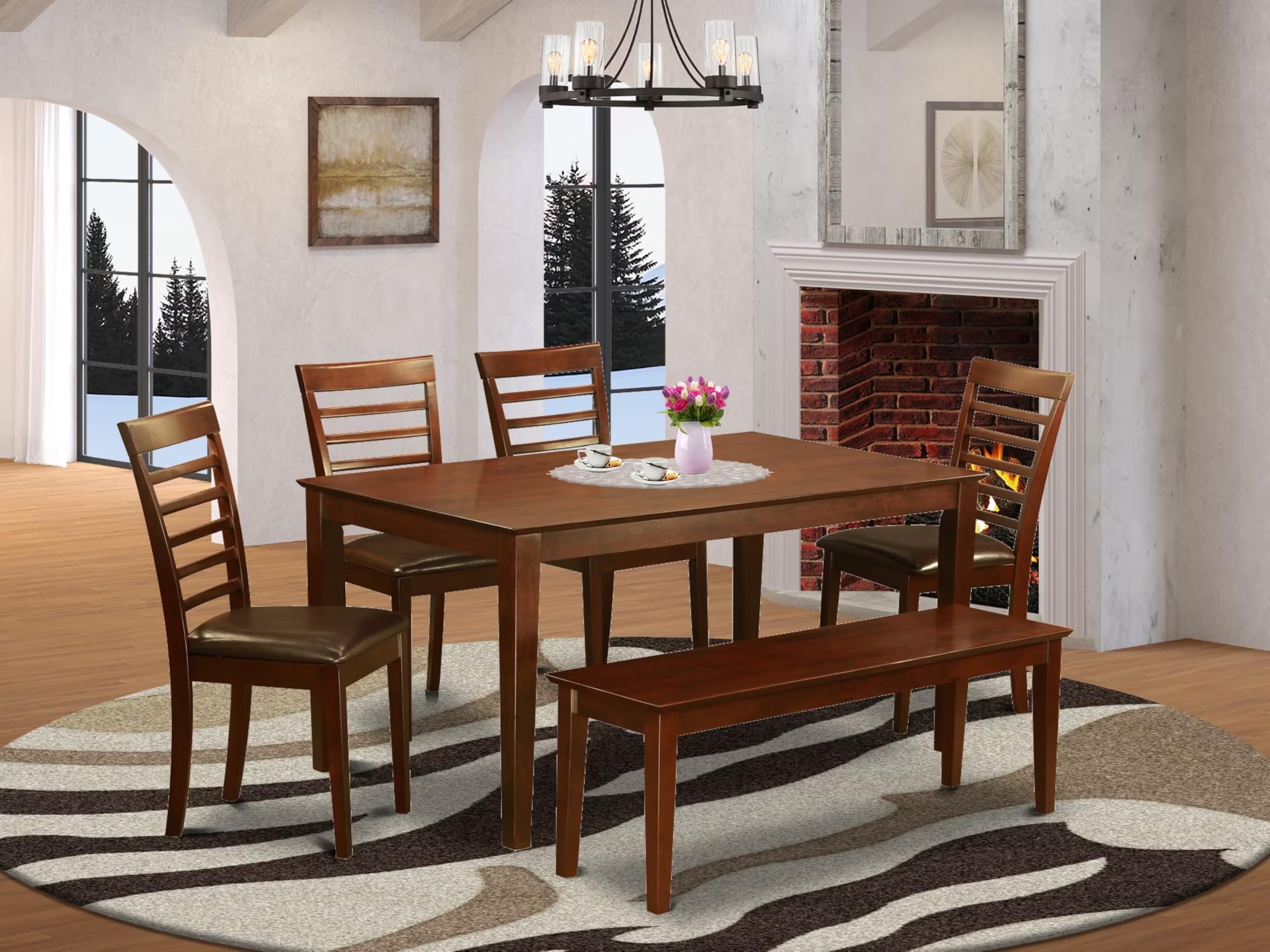 East West Furniture CAML6C-MAH-LC 6 Piece Dining Table Set Contains a Rectangle Dining Room Table and 4 Faux Leather Upholstered Chairs with a Bench, 36x60 Inch, Mahogany