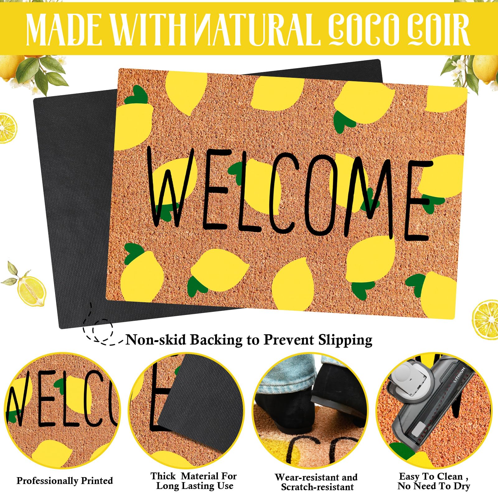 Ceenna Summer Lemon Welcome Doormat Lemon Coir Doormat With Non Slip Backing Summer Mat Front Porch Rugs For Home Entrance Anniv