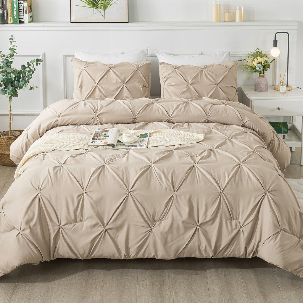 Andency California King Comforter Set Khaki (104X96Inch), Pinch Pleat Cal King Comforter Set 3 Pieces, Oversized King Pintuck Bed Comforter, Microfiber Down Alternative Comforter Bedding Set