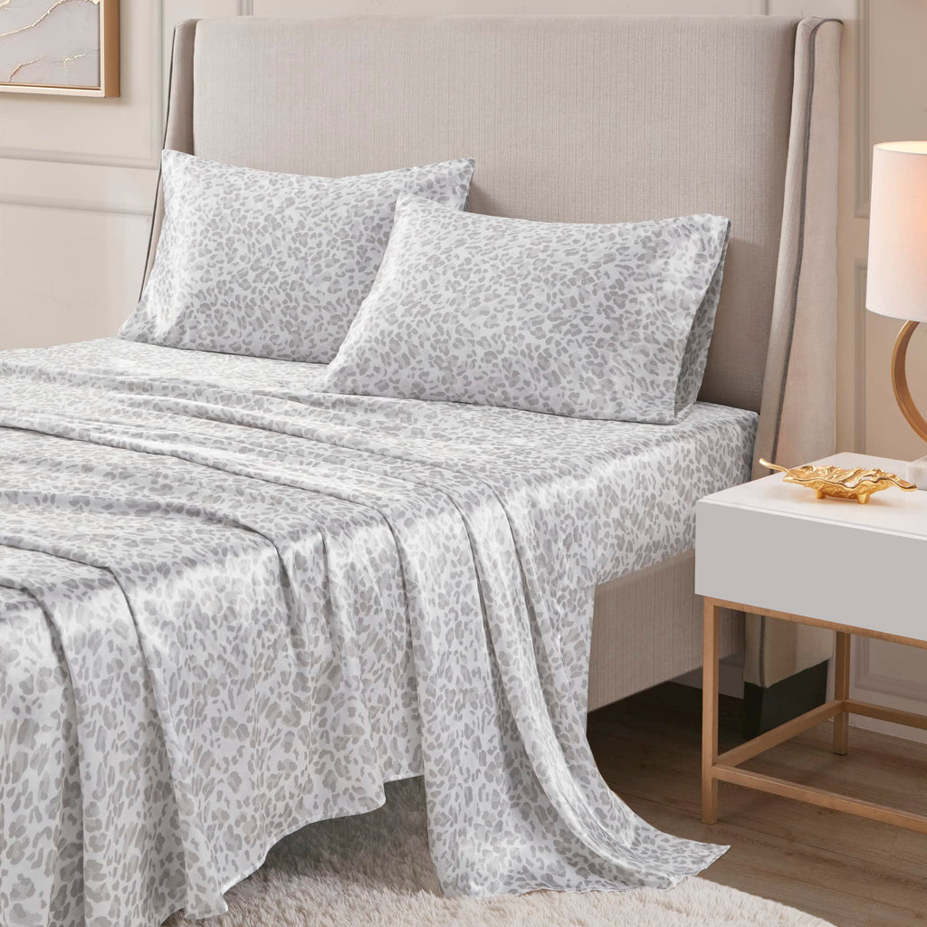 Madison Park Essentials Satin Sheet Set Luxury And Silky With Natural Sheen, Elastic 14' Pocket Fits Up To 16' Mattress, All Around Elastic - Year-Round Bedding, Queen Grey Leopard 4 Piece