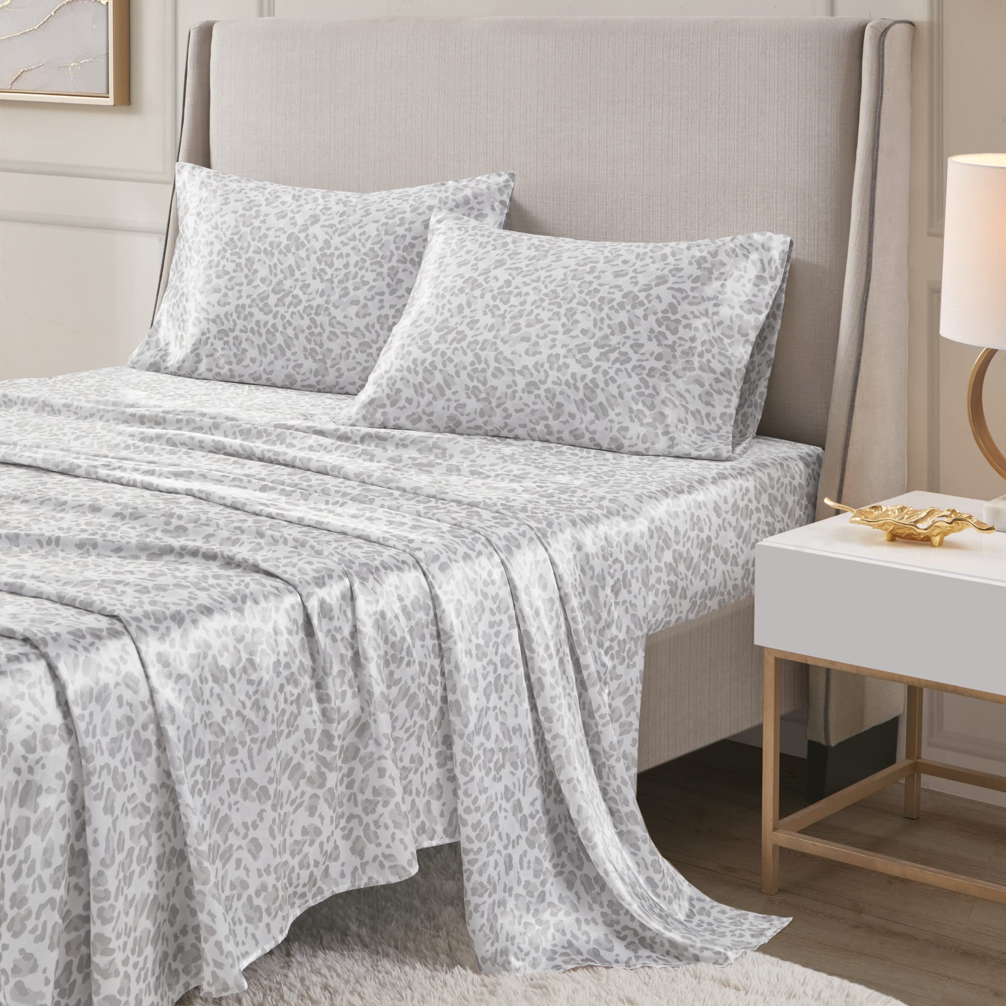 Madison Park Essentials Satin Sheet Set Luxury And Silky With Natural Sheen, Elastic 14' Pocket Fits Up To 16' Mattress, All Around Elastic - Year-Round Bedding, Queen Grey Leopard 4 Piece