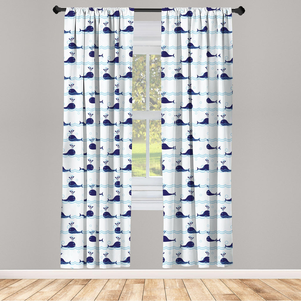 Ambesonne Whale Window Curtains, Horizontal Ocean Waves With Blue Fishes Animals Of Sea, Lightweight Decor 2-Panel Set With Rod