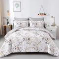 Grey 7 Pieces Grey Floral Comforter Set King, Botanical Bed In A Bag Reversible Golden Leaves Bedding Set Soft Microfiber King (