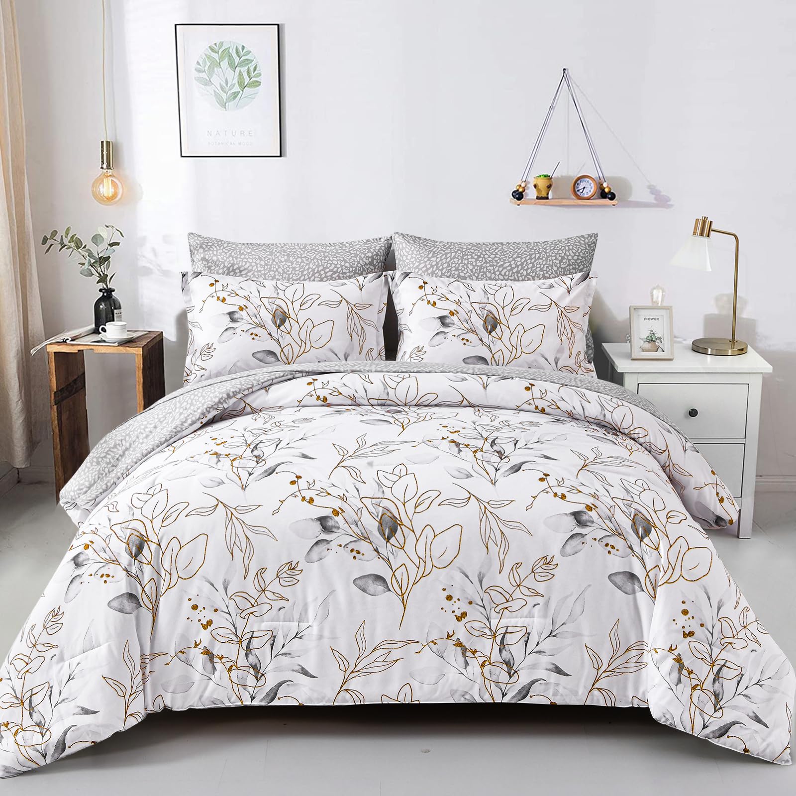 Grey 7 Pieces Grey Floral Comforter Set King, Botanical Bed In A Bag Reversible Golden Leaves Bedding Set Soft Microfiber King (