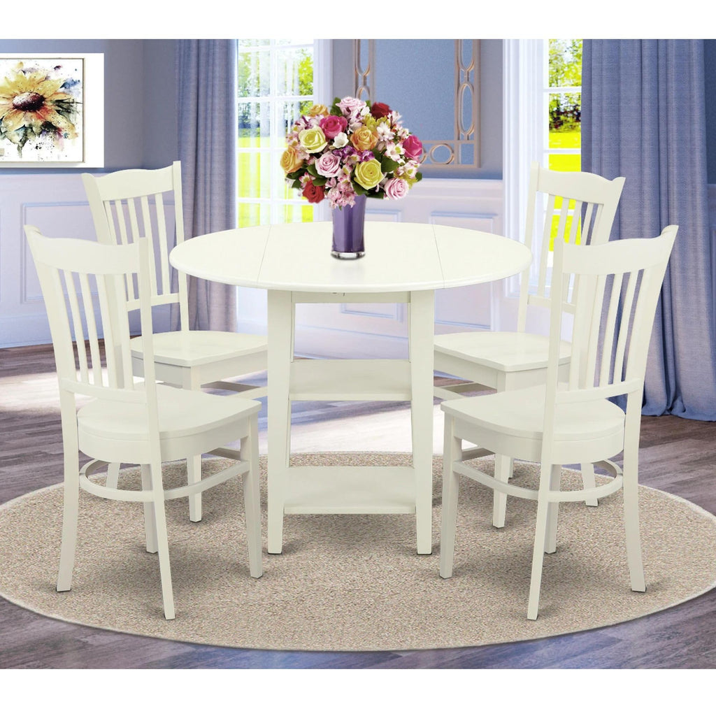East West Furniture SUGR5-LWH-W 5 Piece Dining Table Set for 4 Includes a Round Kitchen Table with Dropleaf & Shelves and 4 Kitchen Dining Chairs, 42x42 Inch, Linen White