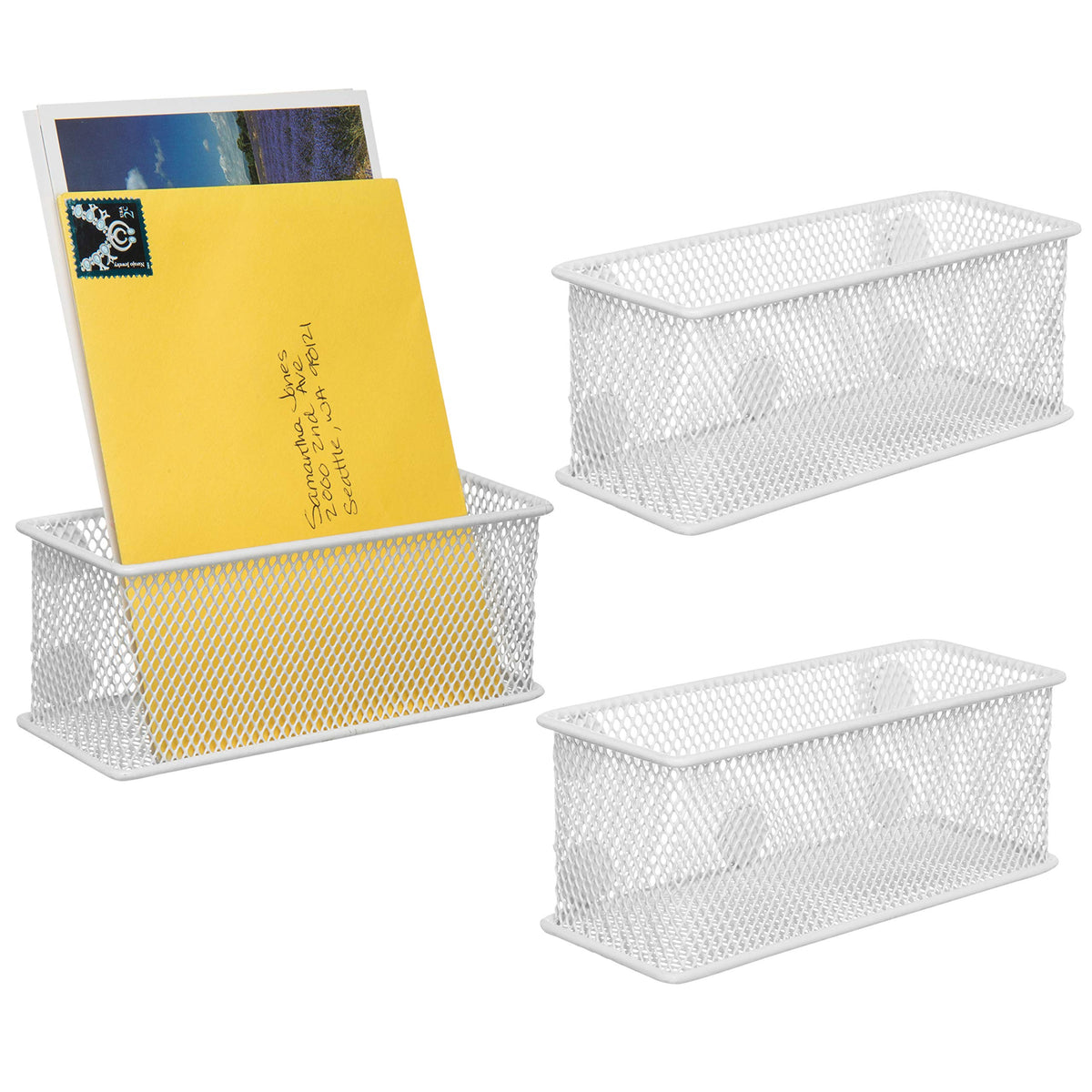 Mygift White Wire Mesh Magnetic Storage Baskets, Whiteboard Accessories, Classroom And Office Supply Organizer, Set Of 3