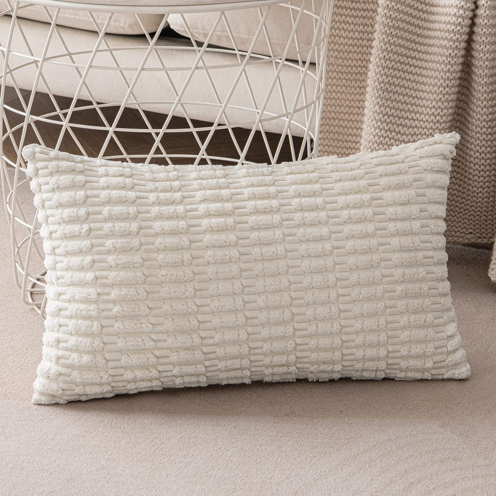 Anroduo Pack Of 2 Cream White Pillow Covers Decorative Throw Pillows 12X20 Inch For Couch Bed Living Room Soft Corduroy Striped