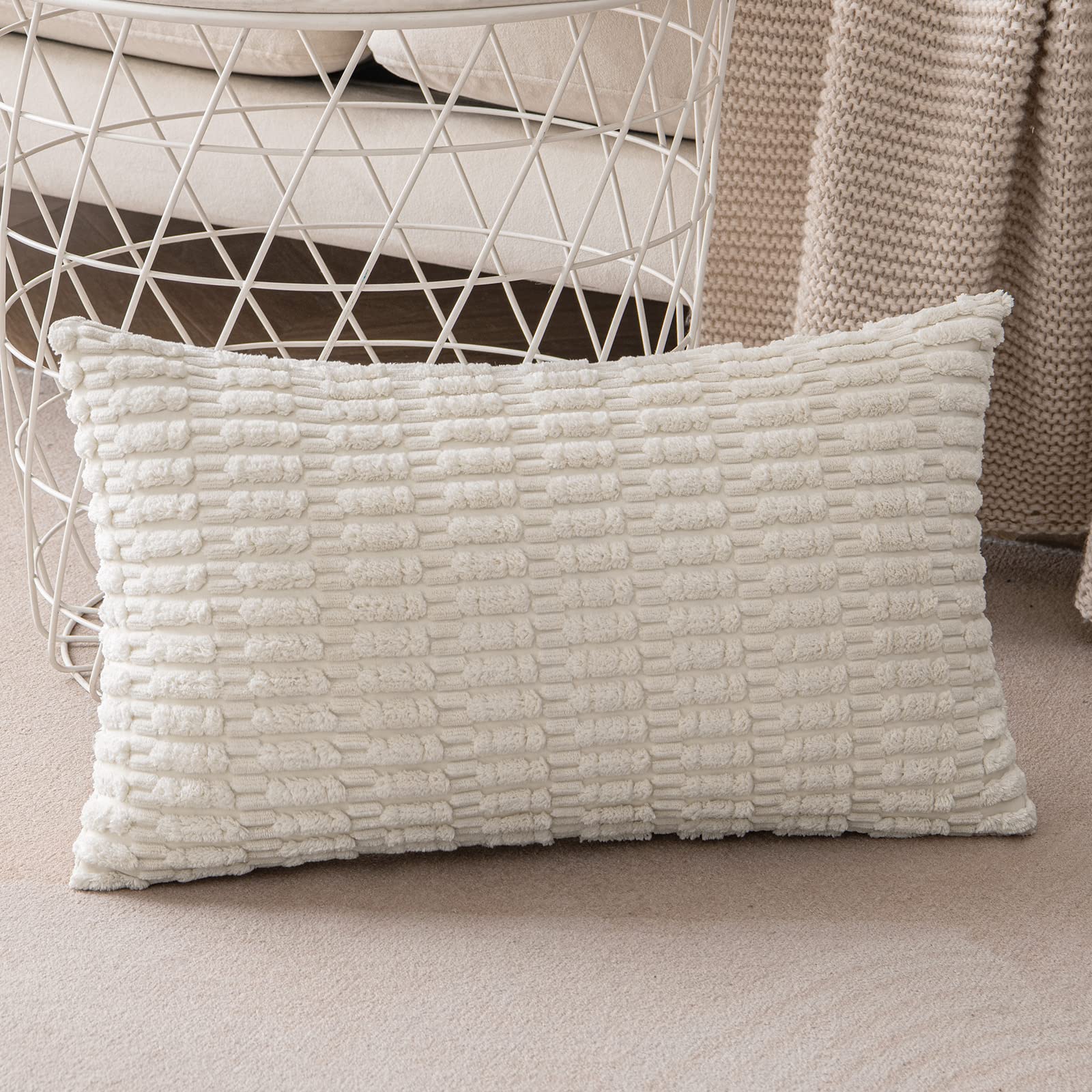 Anroduo Pack Of 2 Cream White Pillow Covers Decorative Throw Pillows 12X20 Inch For Couch Bed Living Room Soft Corduroy Striped