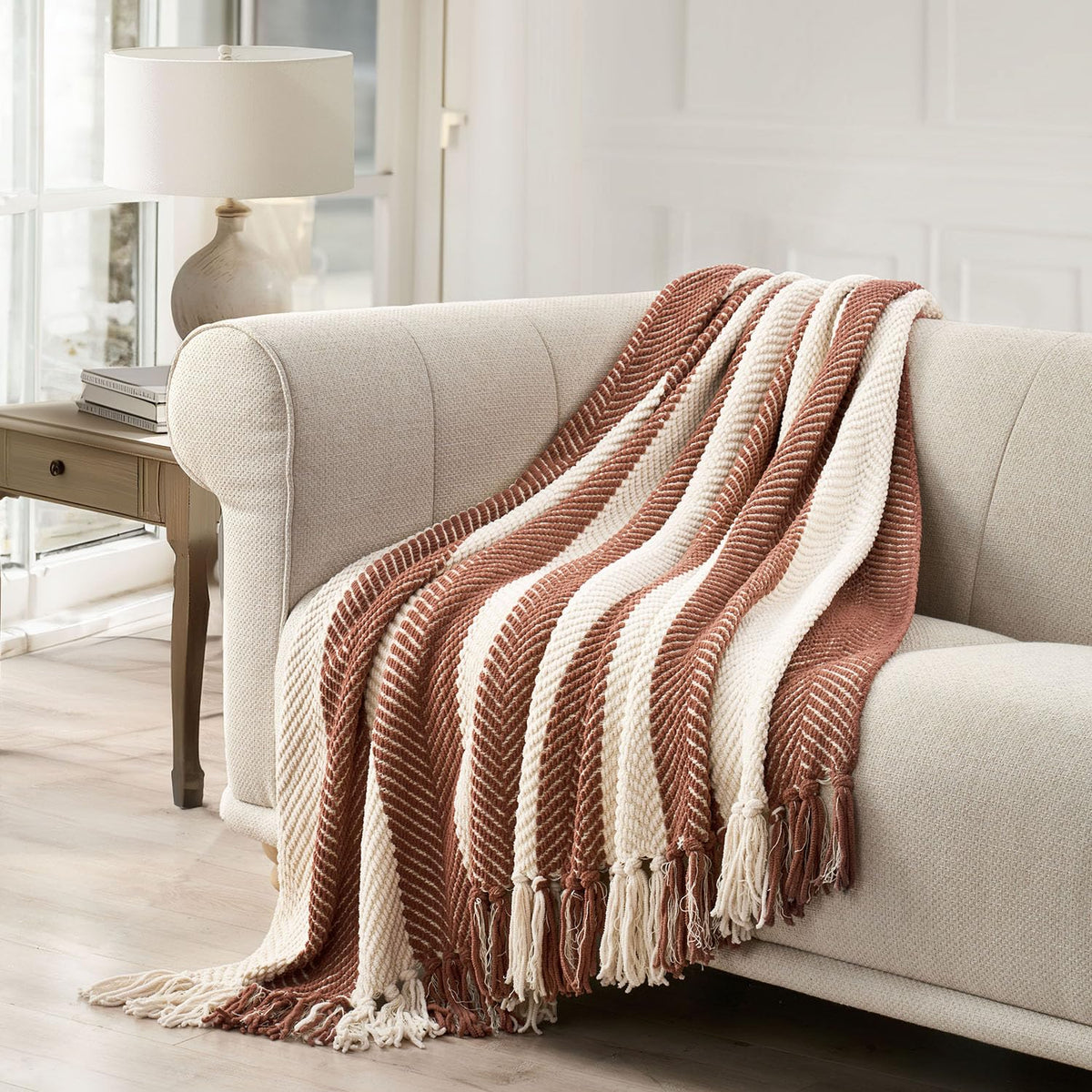 Evergrace Striped Chenille Knit Burnt Orange Throw Blanket For Couch, Textured Woven Boho Knitted Blanket For Bed, Super Soft Co