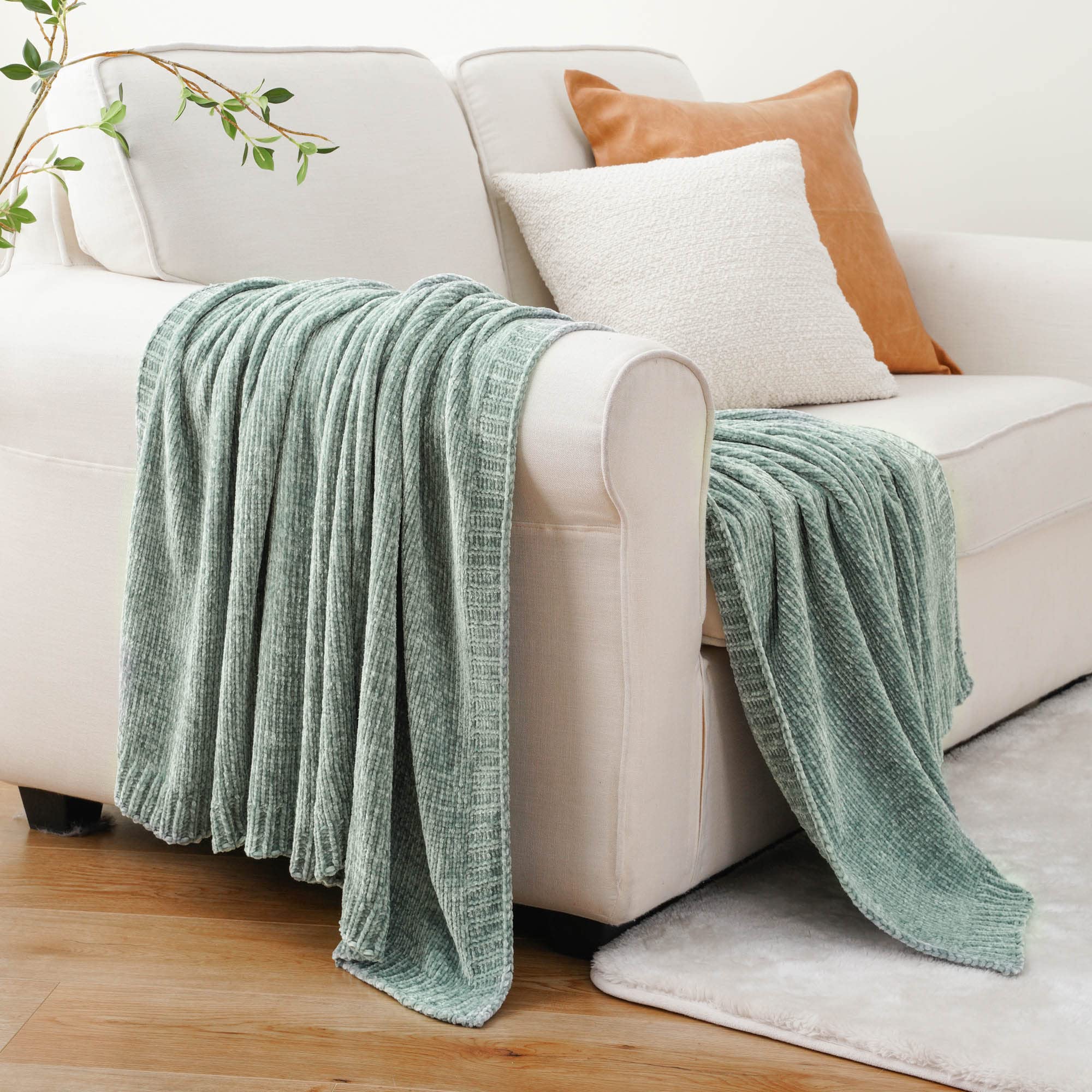 Battilo Home Sage Green Throw Blanket For Home Decor, Chenille Knit Throw Blanket For Couch, Sofa, Chair, Cozy Soft Blanket, 51'