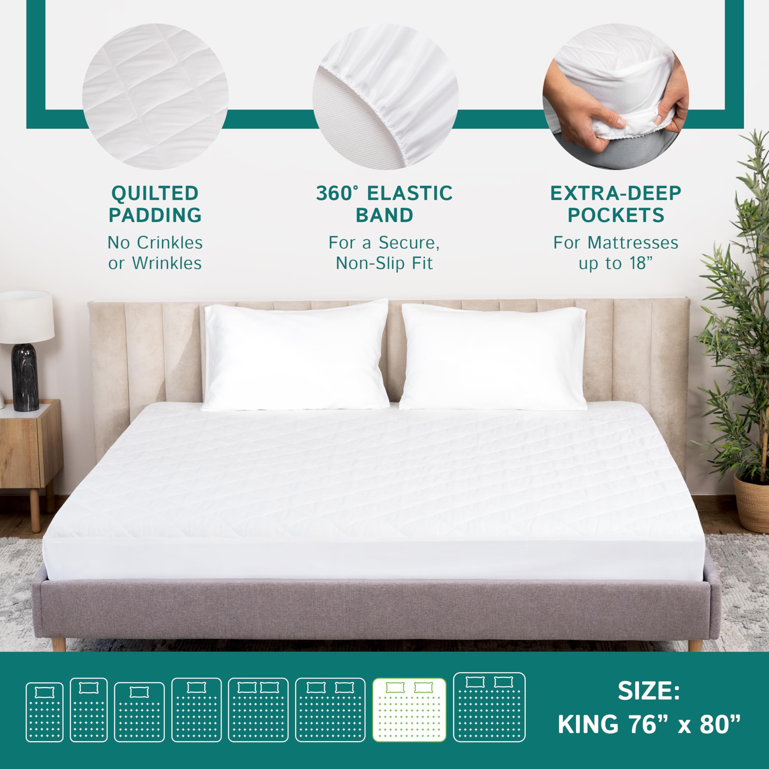 King Size Quilted Mattress Pad - Fitted Waterproof Mattress Protector, Pillow Top Mattress Topper, Premium Quality Hypoallergeni