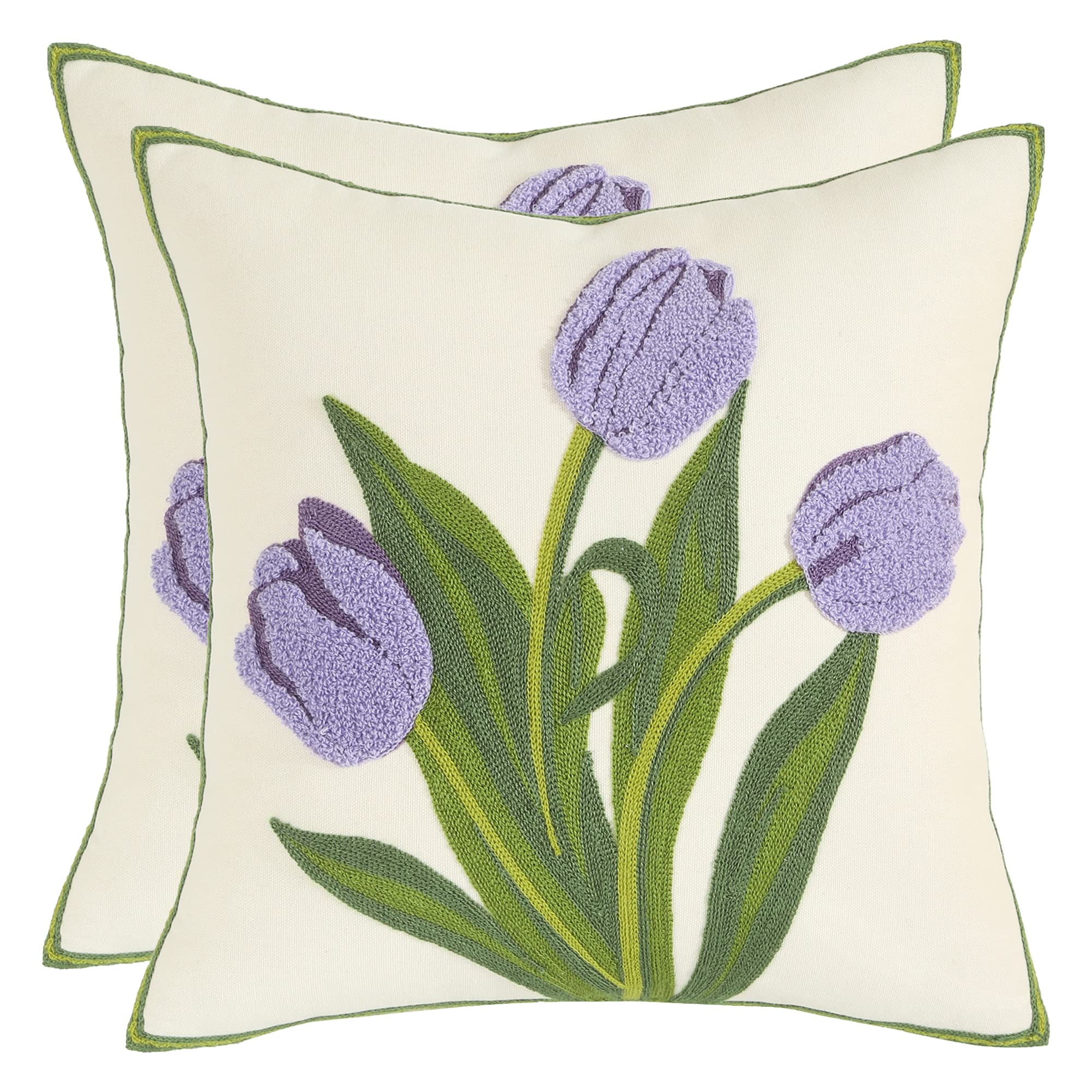 Tosleo Embroidery Throw Pillow Covers 18X18 Inch Pack Of 2 Purple Tulip Flower Pillowcases Spring Pillow Covers For Couch Cotton