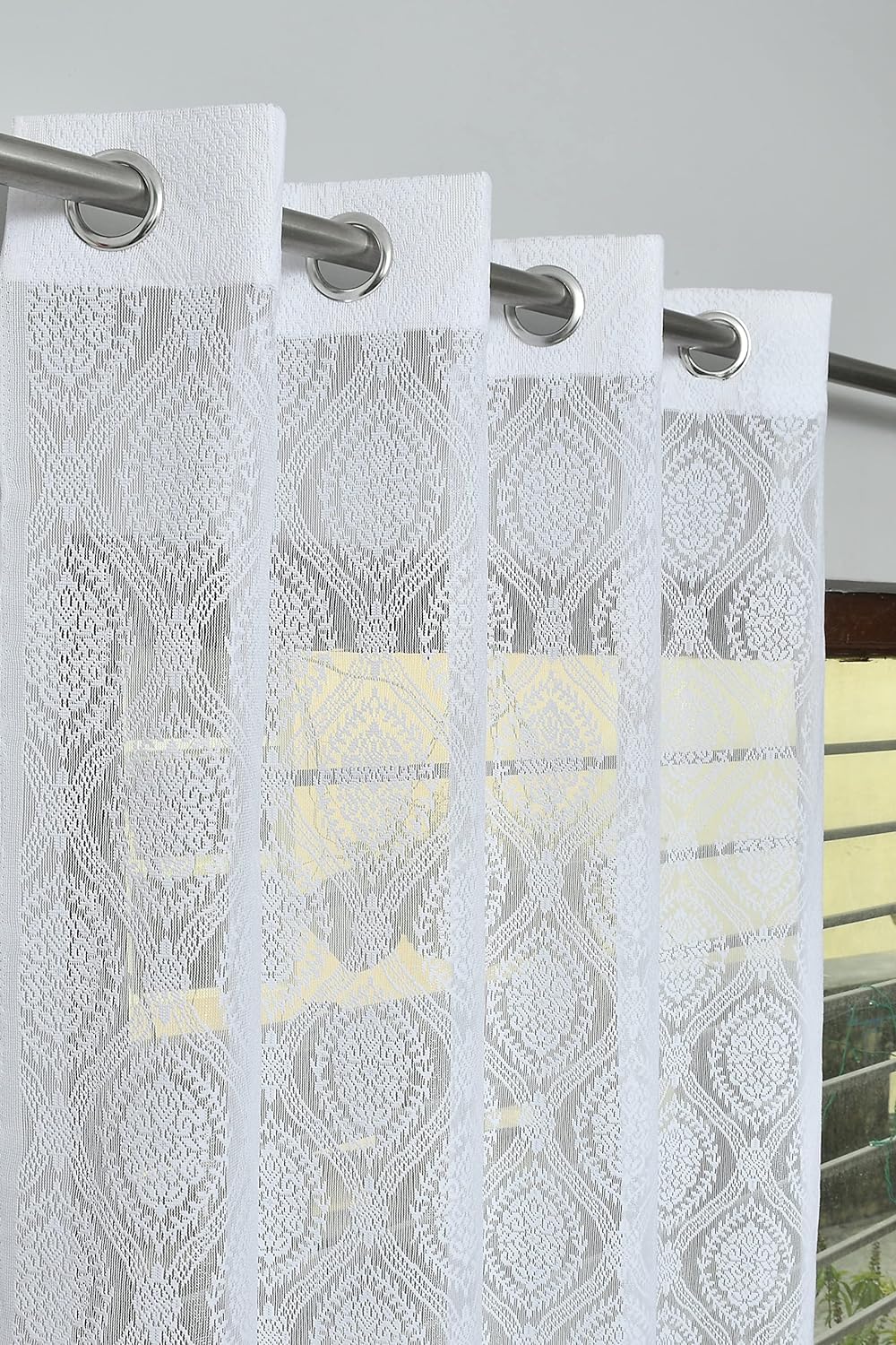 Fabrilia Polyester Sheer Net Damask Design Semi Transparent Eyelet Door Curtains 7 feet Long Set of 2 White