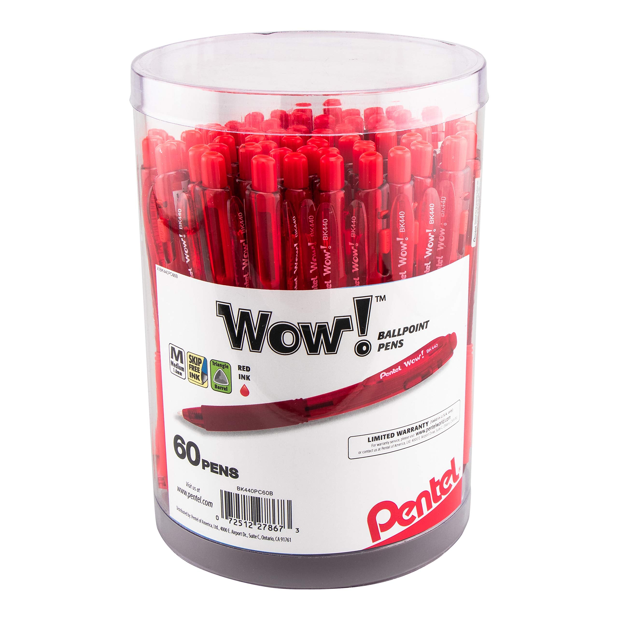 Pentel Wow! Ballpoint Pen, (1.0Mm) Medium Line, Red Ink, Pack Of 60, Canister (Bk440Pc60B)