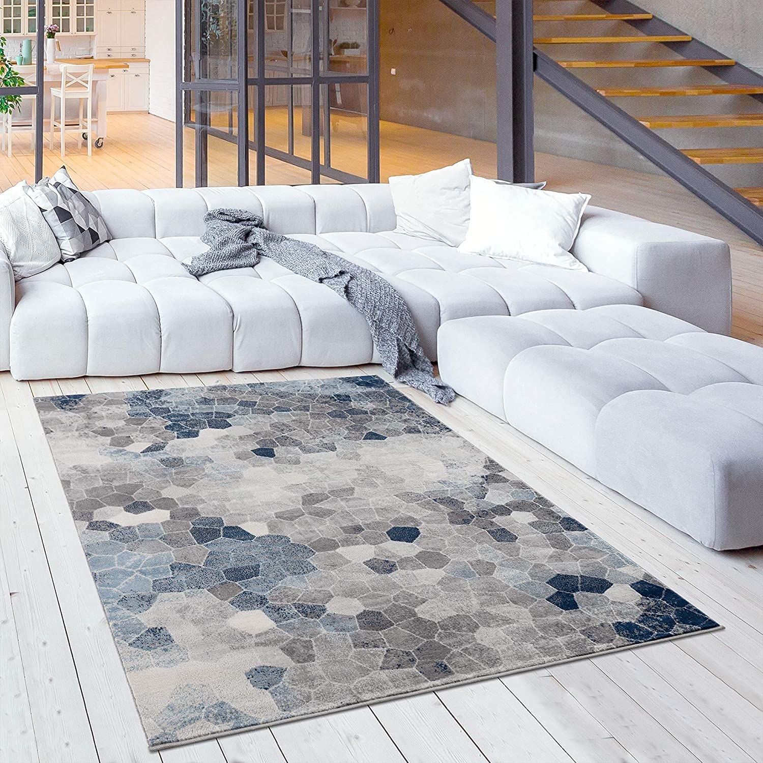 HomeRoots 100% Polypropylene 2’ x 8’ Navy Blue Cobblestone Pattern Runner Rug
