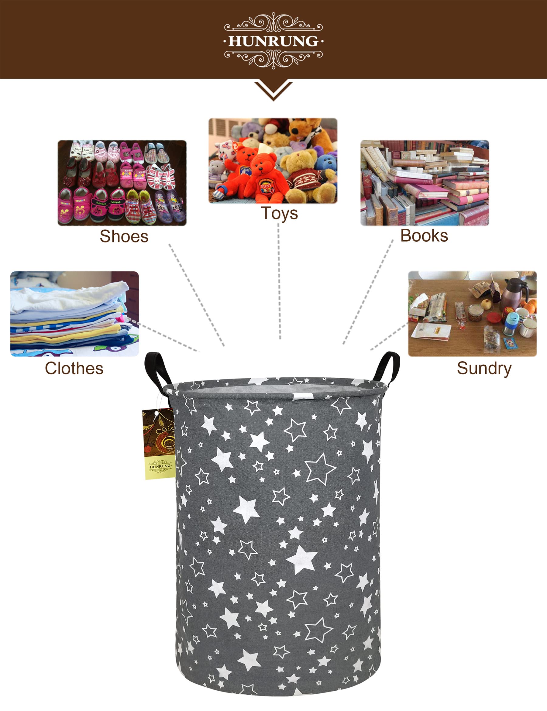 Hunrung Laundry Hamper,Large Canvas Fabric Lightweight Storage Basket Toy Organizer Dirty Clothes Collapsible Waterproof For College Dorms, Children Bedroom,Bathroom(Round Star)