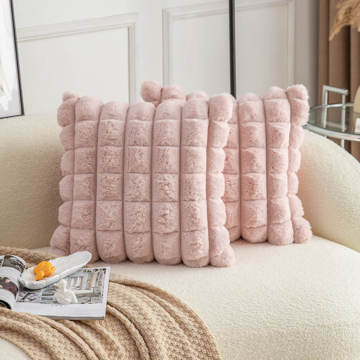 Neelvin Pink Faux Fur Cozy Soft Plaid Decorative Throw Pillow Covers 18x18 inch Set of 2,Velvet Pillowcase Cushion Case for Sofa
