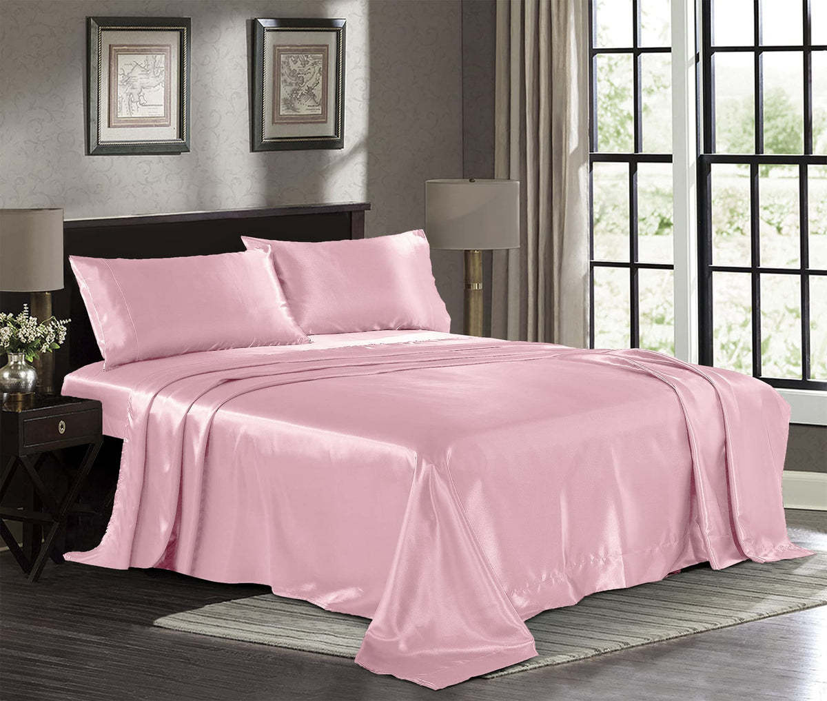 Satin Sheets King [4-Piece, Pink] Hotel Luxury Silky Bed Sheets - Extra Soft 1800 Microfiber Sheet Set, Wrinkle, Fade, Stain Res