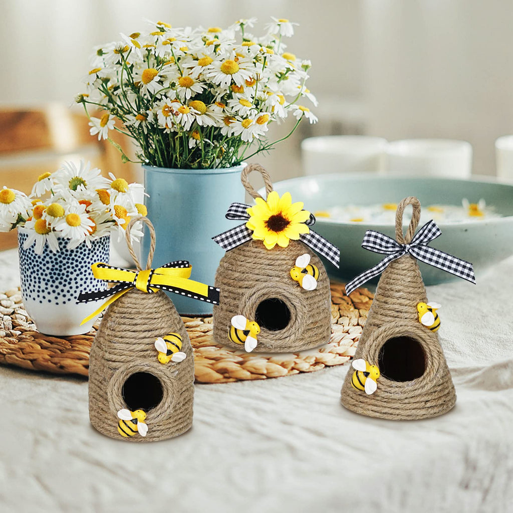 Bee Hive Decor,3 Pack Bumble Bee Rustic Decor Hive,Natural Bee House, Bumble Bee Theme Party Decor Spring Summer Rustic Farmhous