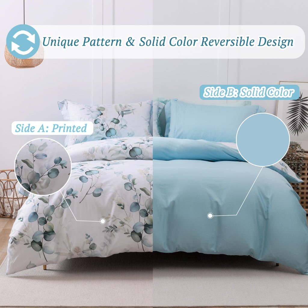 Mildly 100% Long-Staple Cotton Duvet Cover Set Baby Blue Teal Gradient Leaf Pattern Printed Comforter Cover 3Pcs, Ultra Soft & B